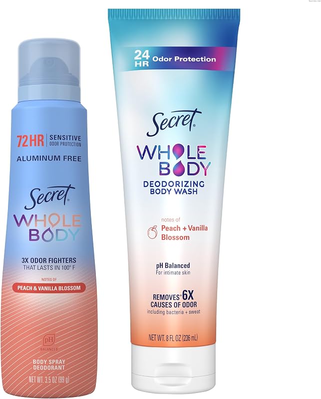 Paquete de lavado femenino de cuerpo entero + spray desodorante para mujeres, aroma de melocotón + flor de vainilla, sin aluminio, protección contra olores, 8.0 oz y 3.5 oz (paquete de 2)