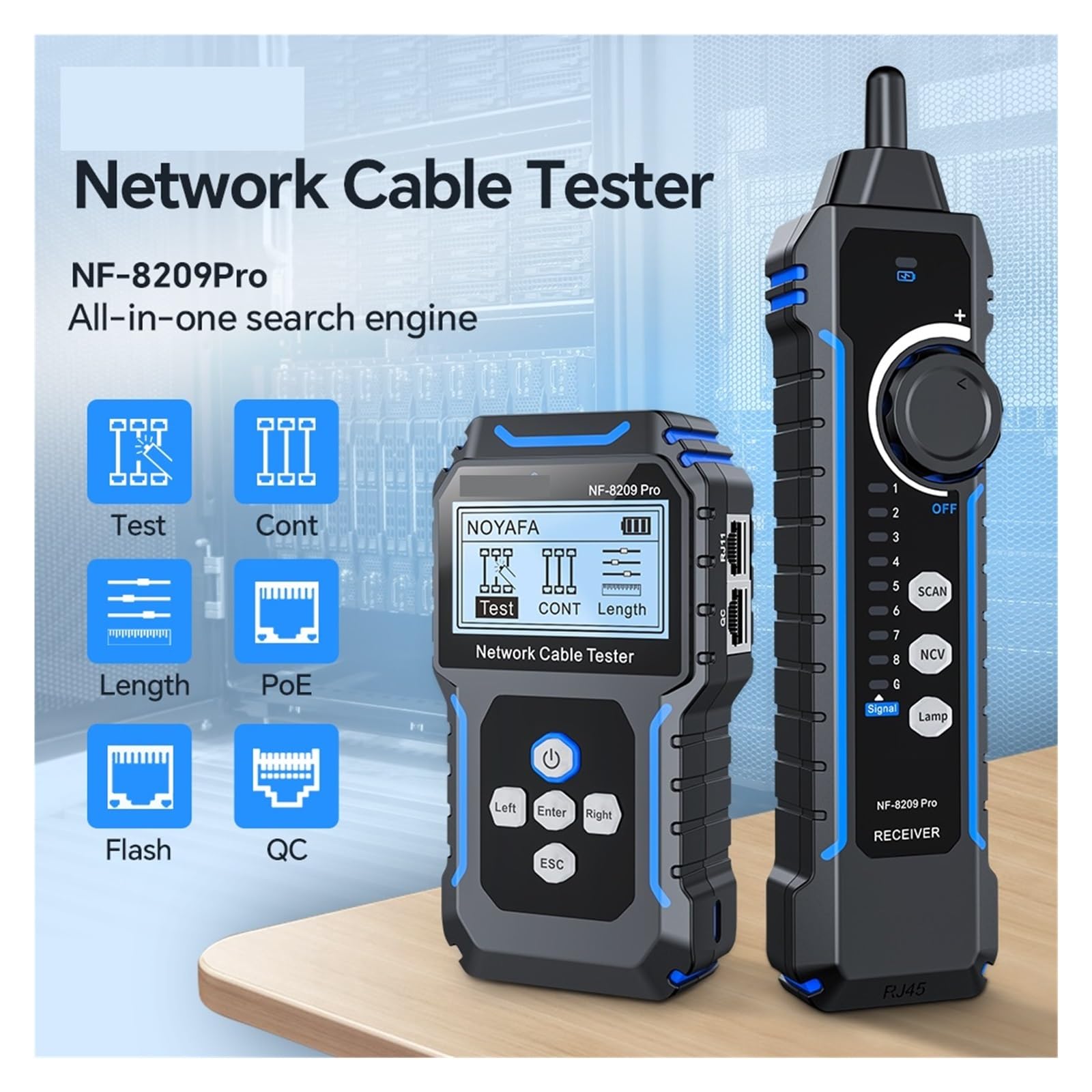 Localizzatore di Cavi, Tester for cavi di rete, tracciamento Cat5 Cat6, tester PoE, rilevamento lunghezza, test continuità con NCV e lampada