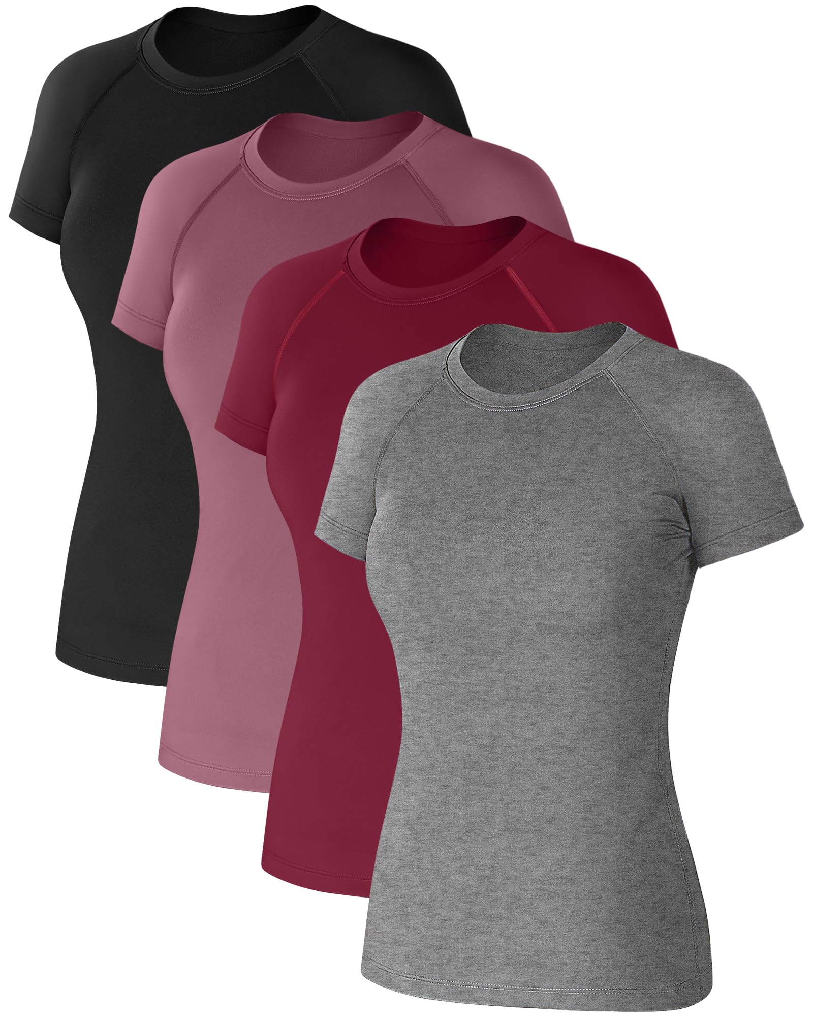 Coume 4 Pack Women's Compression Shirts Short Sleeve Workout Tops Running Athletic Yoga T-Shirt for Gym Sports Gear Quick Dry