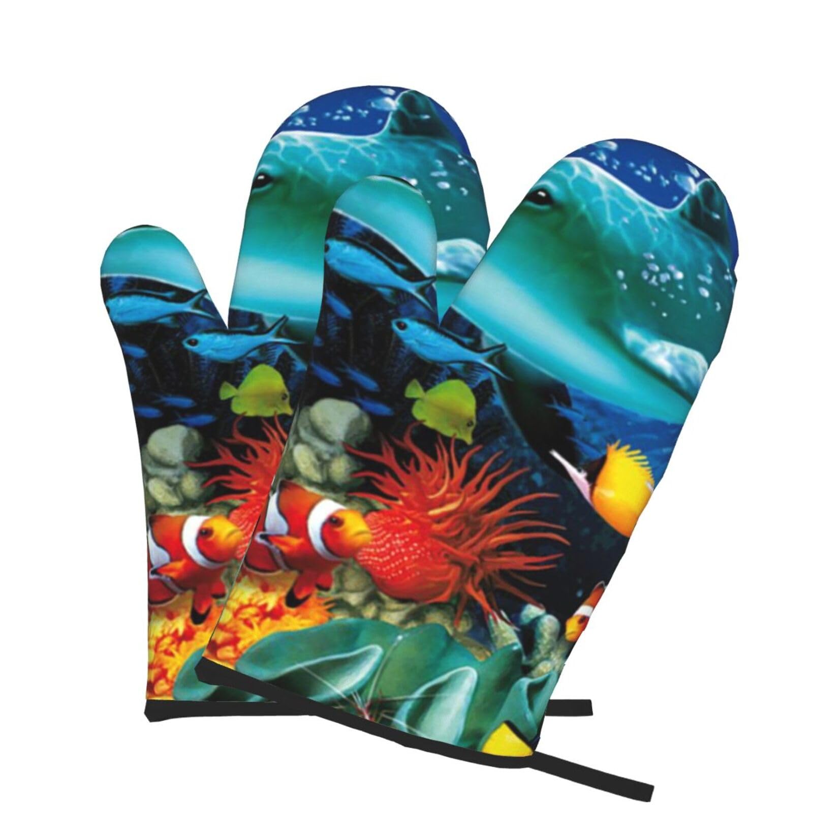 Oven Mitts Set of 2 Pcs, Tropical Fish Dolphin Coral Undersea Prints Heat Resistant Kitchen Gloves for Cooking Baking Grilling