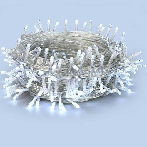 Guirnalda de 200 luces LED de alambre transparente de color blanco frío, 72 pies de cadena de luces enchufables con 8 modos para Navidad, fiesta,