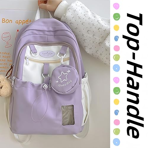 Miniatura 4 de Mochila Kawaii con bolsa de hombro doble con linda estrella extraíble, bolsillo transparente, gran capacidad, colores de dopamina, Púrpura, Grande,