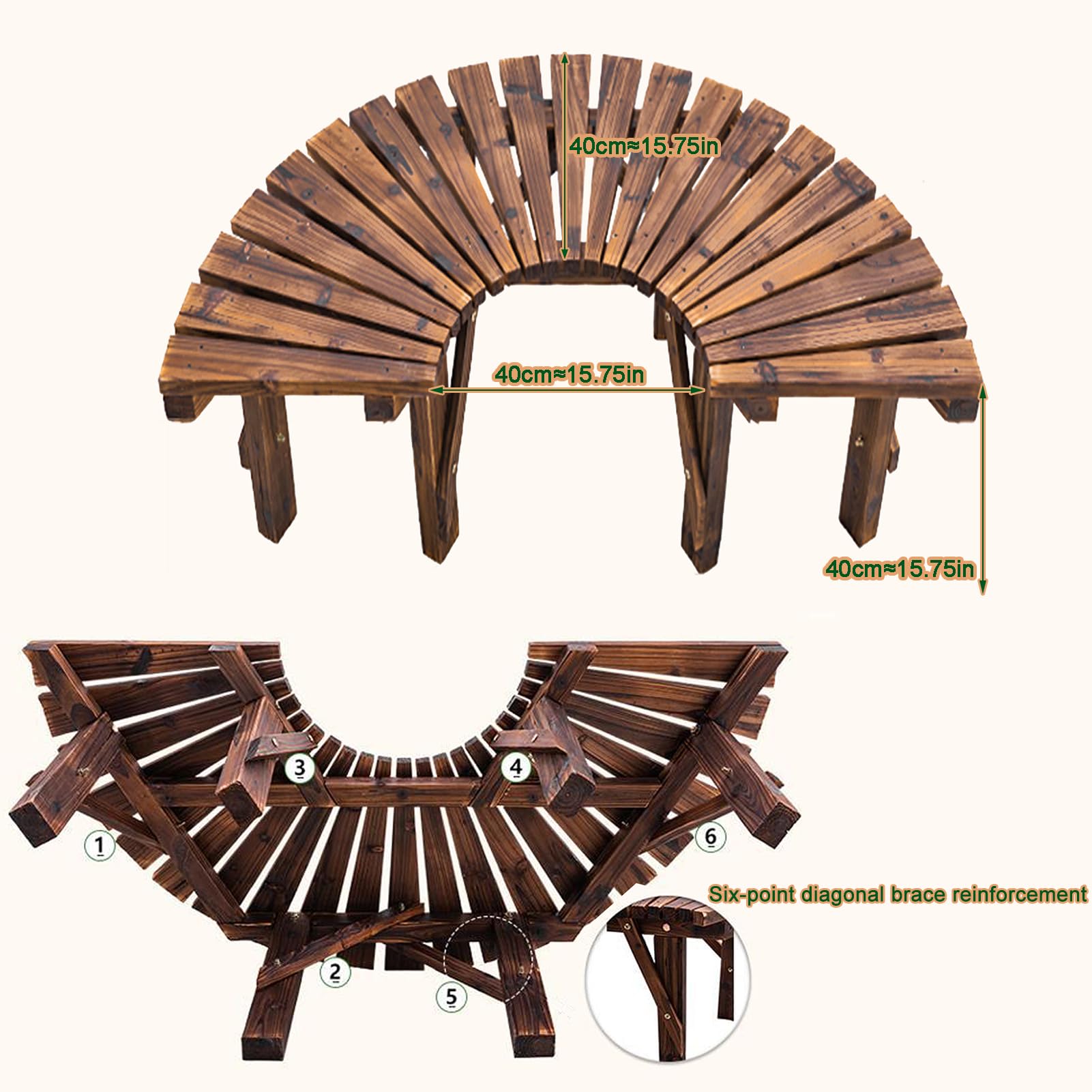 Banco de árbol envolvente, asiento de madera curvado para exteriores, diseño de respaldo semicircular para jardines, patios, patios traseros y césped 5