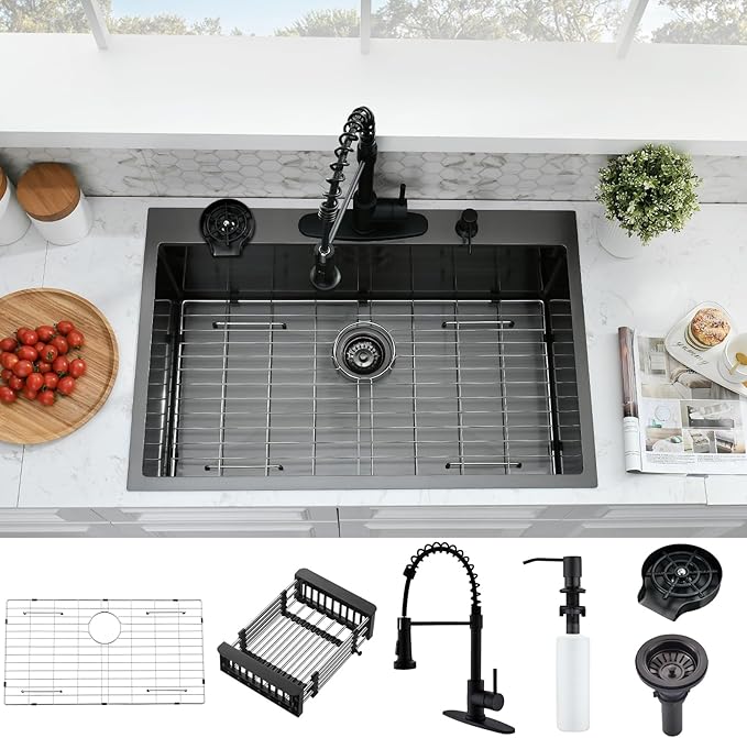 Black Stainless Drop-In Kitchen Sink Combo (33x22)