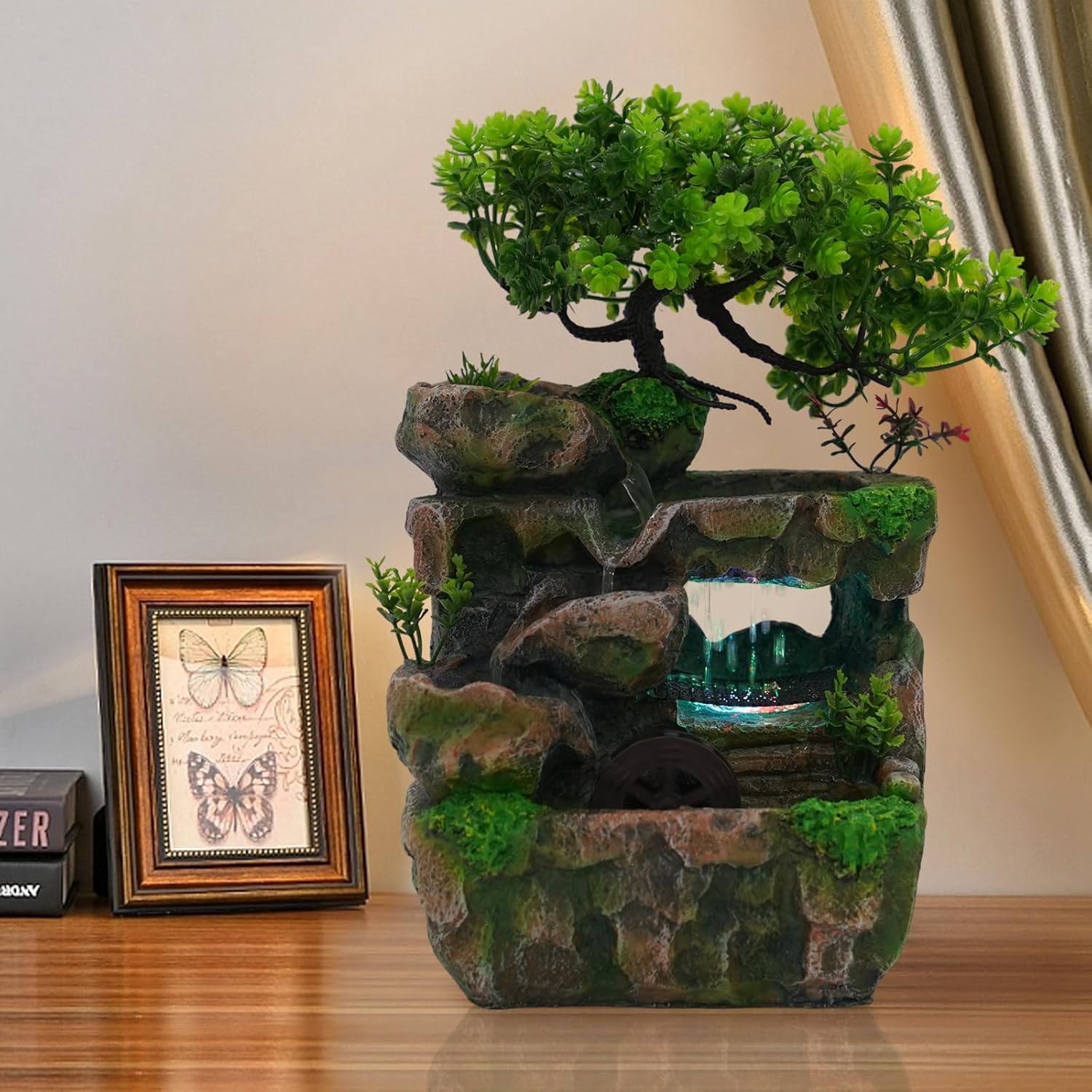 Resin Rockery, Waterfall Fountain Tabletop Ornament with LED, Rockery Tabletop Fountains Desktop Fountain Waterfall Fish Pond, Artificial Trees, Mini Decor for Indoor Home Office