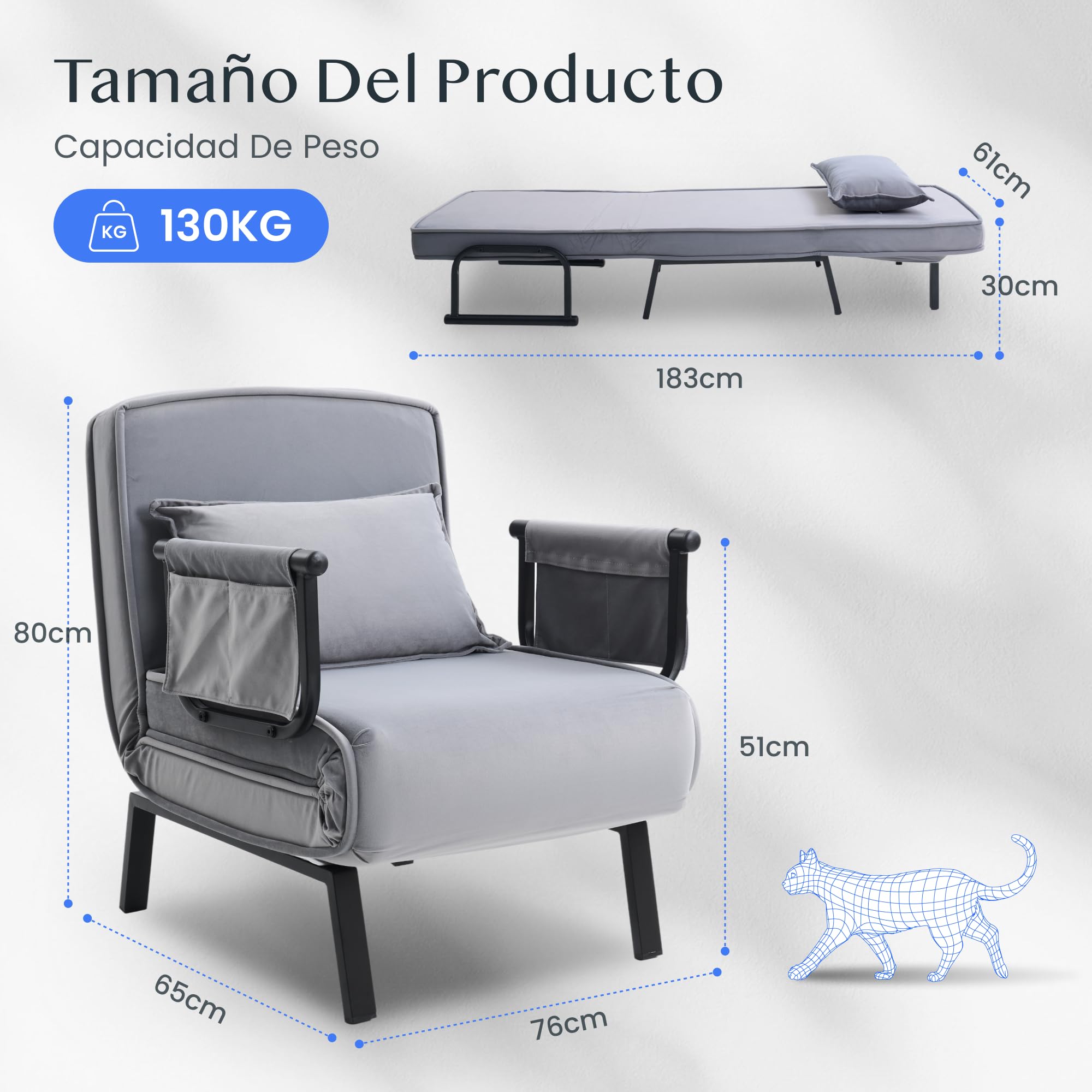 FLEXISPOT Sillón Cama 3 en 1 con función de Cama, Respaldo Ajustable, sofá Cama de Lino con Bolsillo Lateral, Patas Plegables, Ahorra Espacio para salón, Dormitorio u Oficina (Gris)