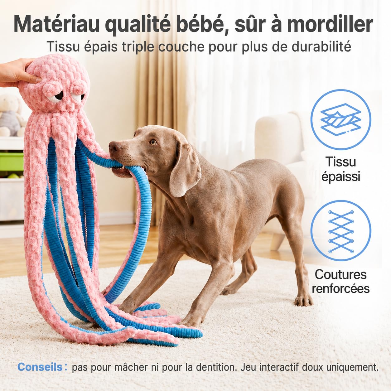 Potaroma Jouet Chien Pieuvre Peluche Couineur 100 cm, Jeu Interactif Chiot | Tentacules extra longues, velours doux, rembourrage coton épais, coutures renforcées, bon accessoire cadeau, toutes tailles.