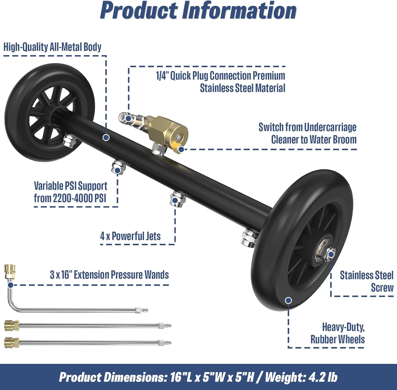Undercarriage Pressure Washer Attachment, 16" Water Broom and Under Carriage Car Cleaner, Electric Power Wash Accessories with 3 Pieces Extension Wand, 1/4" Connector, 4000 PSI, Black