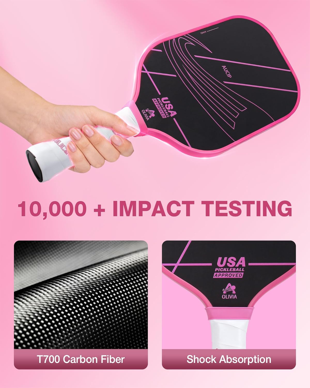 Pro Pickleball Paddle Pink - T700 Carbon Fiber Pickleball Paddle with 16mm Polymer Honeycomb Core, USAPA Certified, Cushion Grip, Perfect for Advanced Control - Image 4