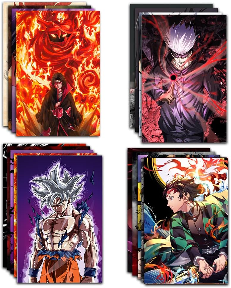 RedCloud Wall Art Set of 20 Mix Anime Self Adhesive Posters for Room, A4 Size Posters for Bedroom with Naruto, Demon Slayer, Dragon Ball Z, Jujutsu Kaisen, One Piece, Attack on Titan