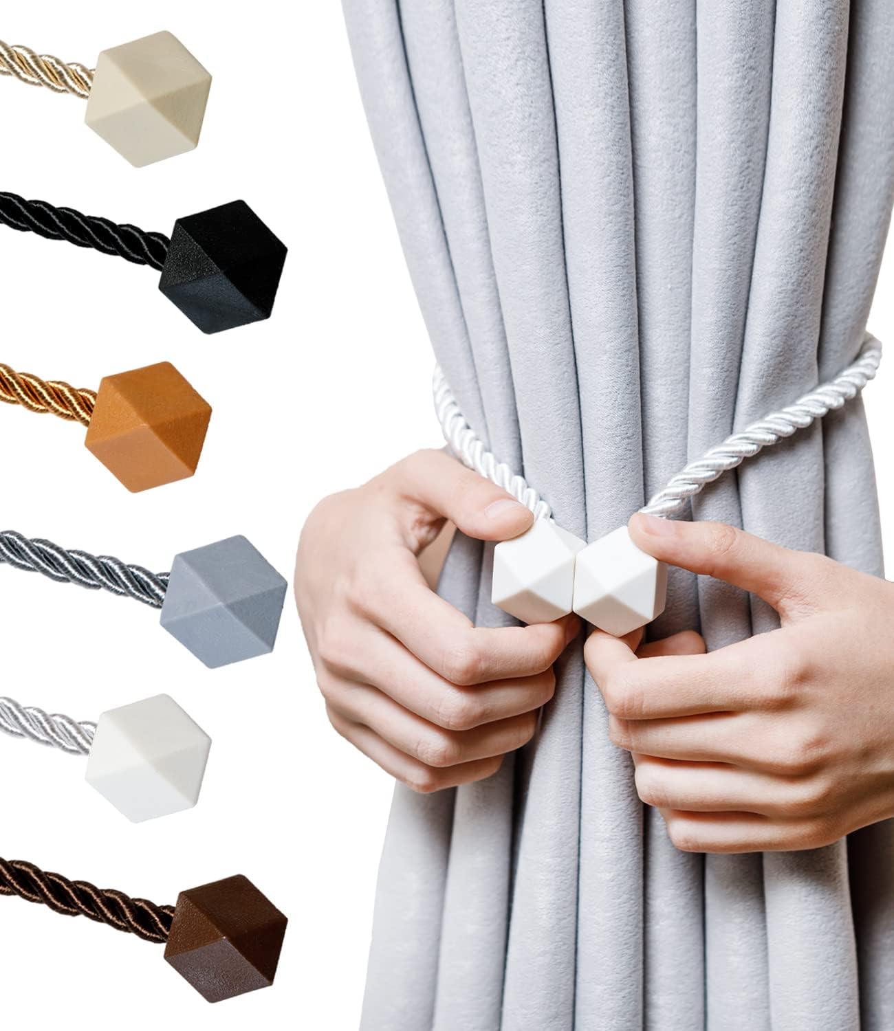 Magnetic Curtain Tiebacks- Upgrade 2022 with a Thicker Twist Rope & Strong Magnet Tieback Window Treatment Holdbacks Draperies Holders Decorative Drape Handmade Tie Back (White, 2)