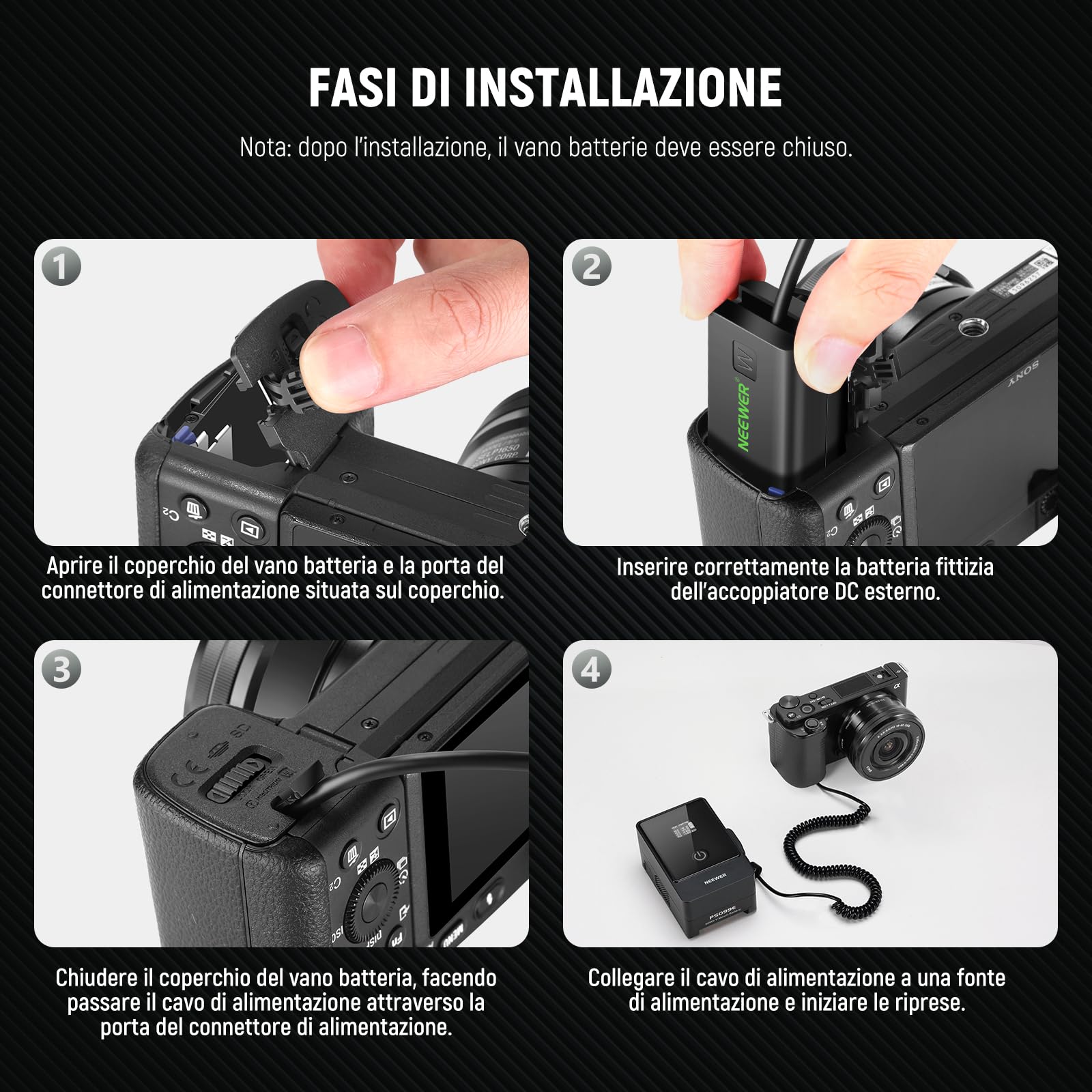 NEEWER D Tap a NP-FW50 Batteria Fittizia, Cavo per Batteria con Attacco a V, Alimentazione Continua Stabile per Sony ZV-E10 A3000 A5000 A5100 A6000 A6100 A6300 A6400 A6500 A7 II A7R II A7S II, VP-FW50