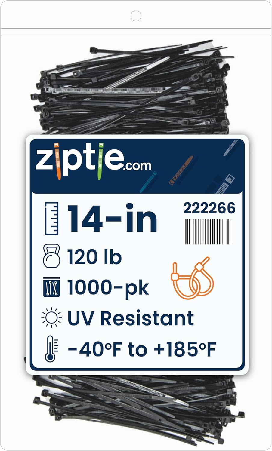 ZipTie.com 14-inch UV Resistant Black Multi-Purpose Cable Tie, 120-lb Tensile Strength, UL 21S Listed, 1000-Pack