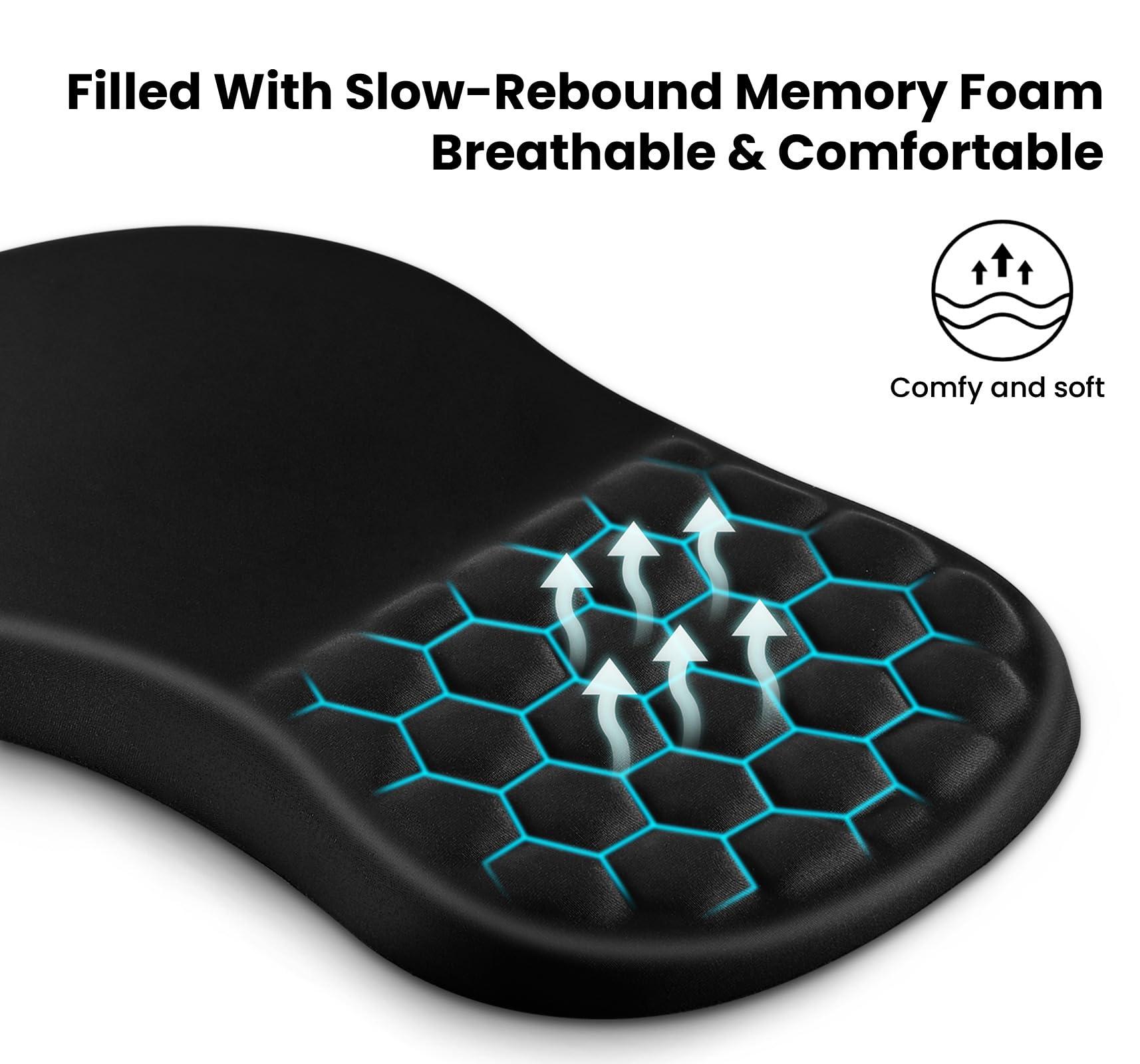 Close-up of the EooCoo mouse mat's smooth Lycra surface and integrated memory foam wrist support.