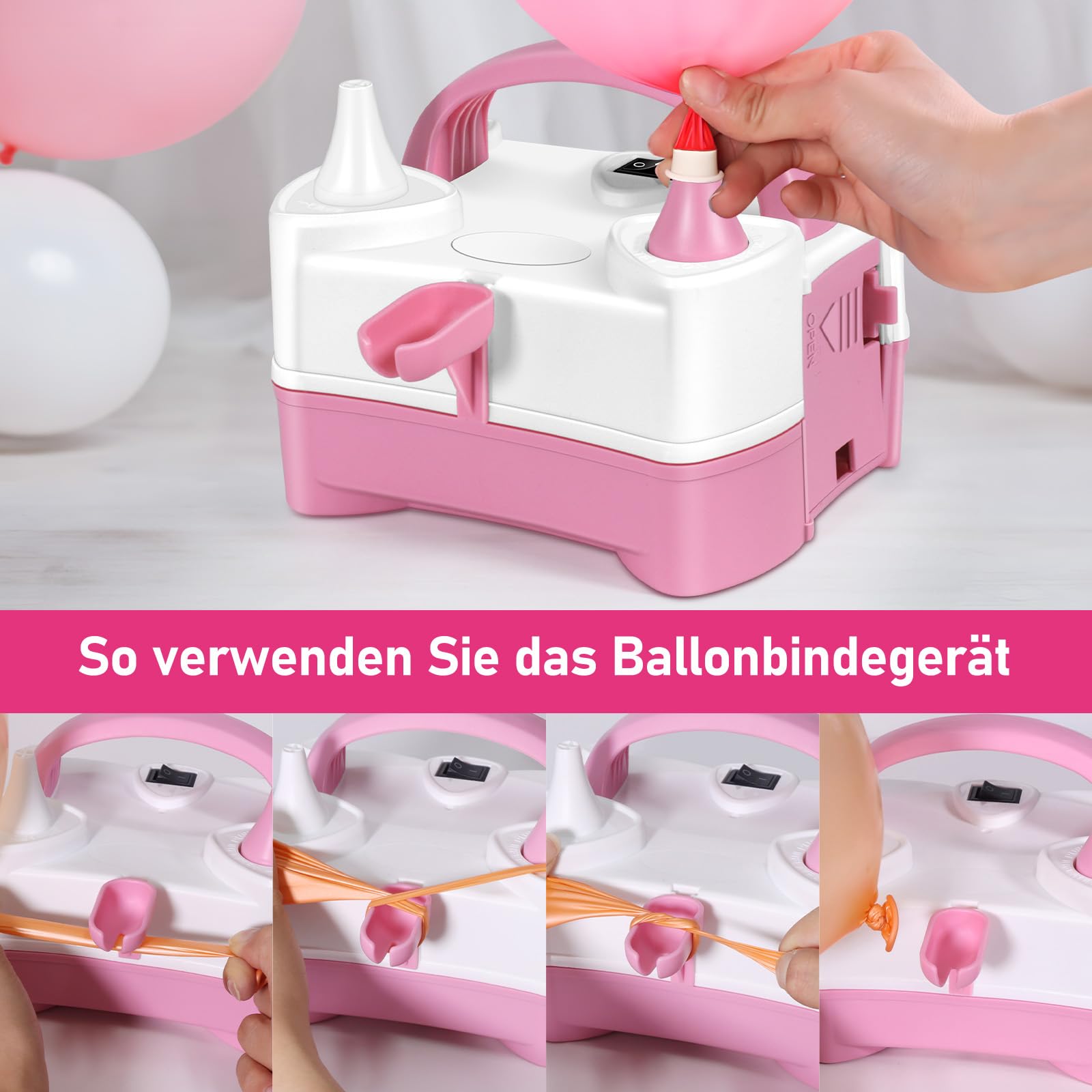 HELESIN Pompe à Ballons Électrique, Gonfleur Ballon Portable avec 4 Accessoires, Pompe à Air Electrique avec Gonfleur à Double Buse, Pompe Ballon d'anniversaire, Fête, Décoration de Noël