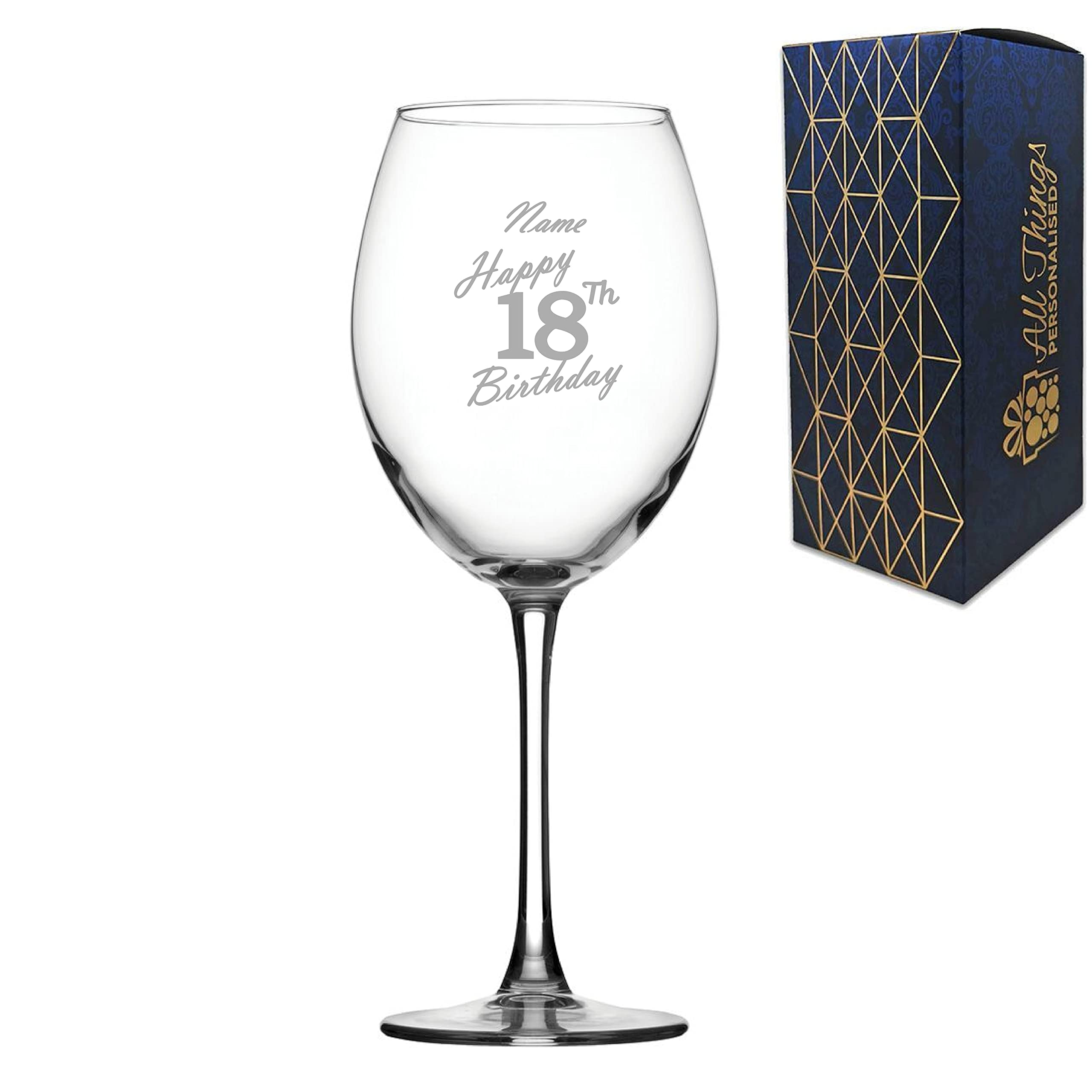 Personalised Engraved Enoteca Wine Glass Happy 18th Birthday Handwritten Design Gift Boxed,19oz/561ml Large Wine Glass, Customise with Any Name, Engraved in The UK