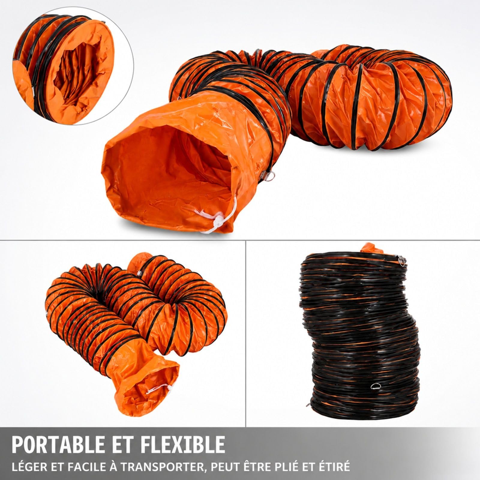 Gaine de ventilation flexible en PVC orange avec anneaux noirs pour extracteur d air et atelier