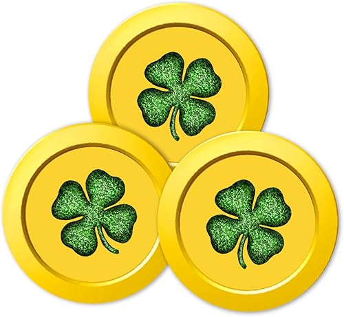 St Patrick's Day Gold Coin Stickers, Leprechaun Money Stickers, Labels, Pot of Gold 4 Leaf Clover Shamrock