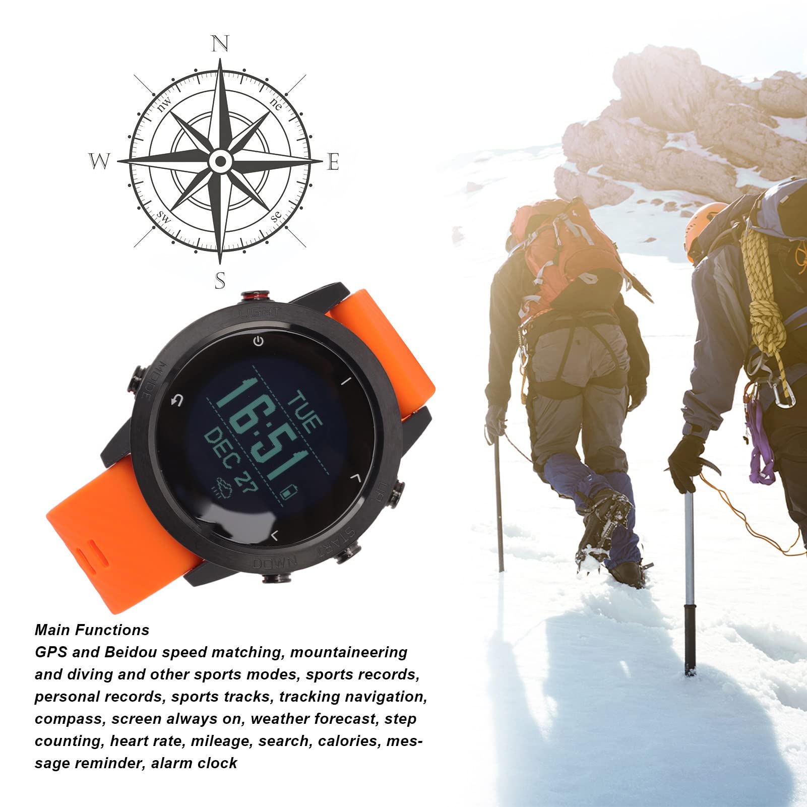 DAUZ Reloj de Ordenador de Buceo, Pieza de Carga USB, Reloj Inteligente Resistente Al Agua con Ubicación de Ruta para Montañismo (Naranja)
