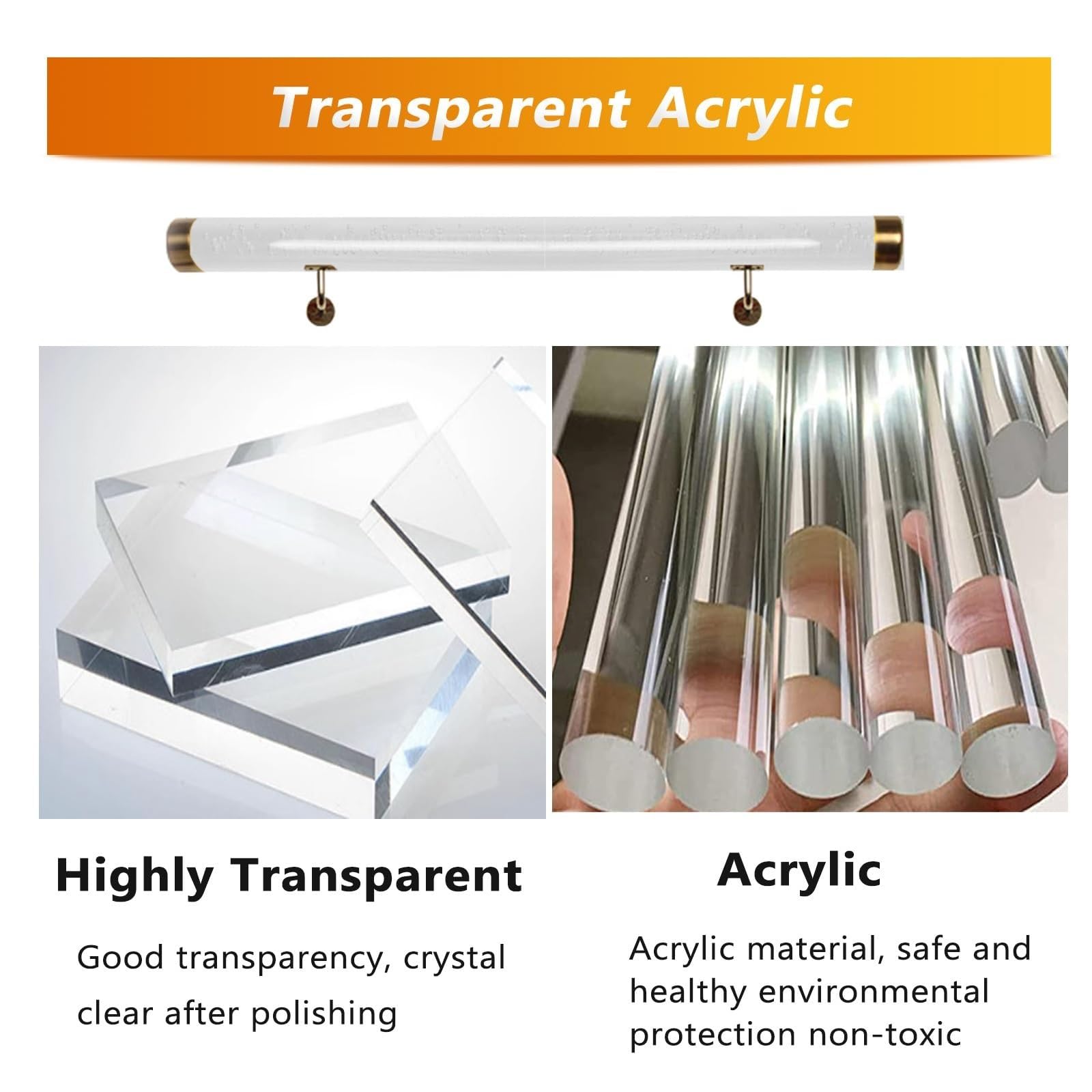 Slish Easy Inll Barre en acrylique C avec supports argentés et extrémité C Disponible en 0,9 m à 6,1 m pour intérieur