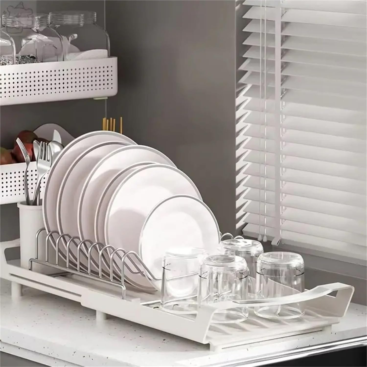 Extendable Dish Drying Rack Large Capacity Space Saving Utensil Storage Holder Dinnerware Hollow Design Dish Drainer(White)