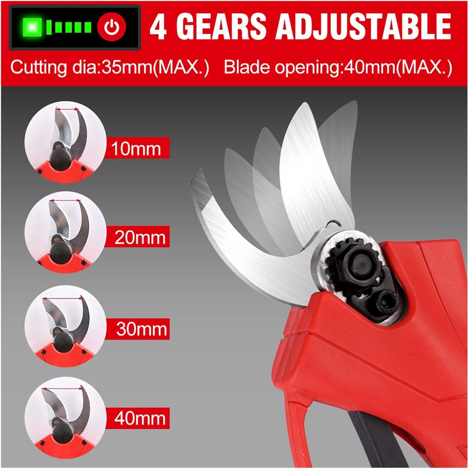 4 Gears 30MM Electric Brushless Cordless Pruner Pruning Shear Efficient Fruit Tree Bonsai Pruning Cutter 18V Battery