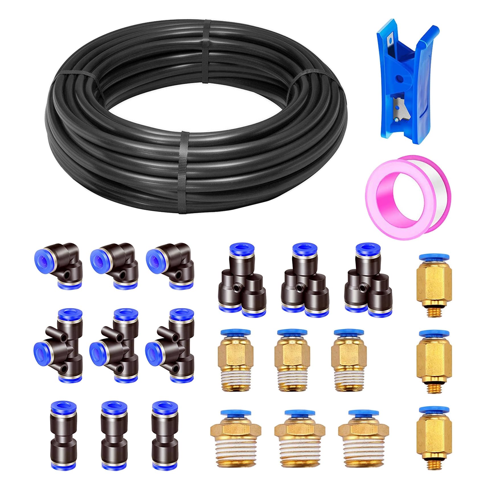 HUAZIZ 20 m PU Pneumatikschlauch, Schwarz Pneumatic Polyurethane Pneumatik Schlauch, Flexibel Druckluftschlauch, mit 21 Stück Pneumatikverbinder Air Push Schnellkupplungen, Außen 6mm x Innen 4mm
