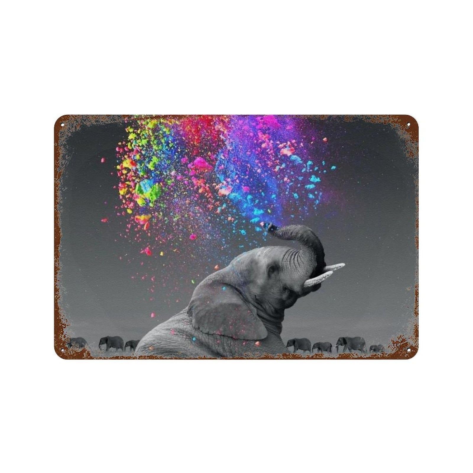 Amazon.co.jp: ブリキ看板 象 動物 夢 虹色 鉄絵画 吊り下げ用穴付き