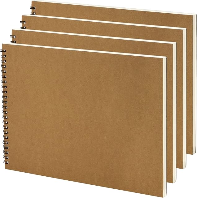 SINJEUN 4 Pack A4 Sketchbook Drawing Pad, A4 Spiral Sketch Book, 160gsm Spiral Bound Sketch Pad Hardback Kraft Cover Art Book Supplies for Students, Artists, 30 Sheets/60 Pages