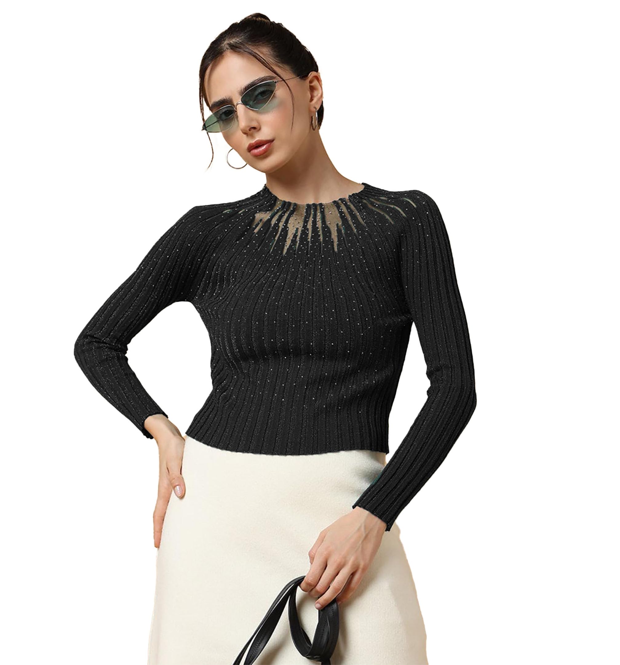 icw Women Knitted Rhinestone Embellised Daimond Studded Mesh Round Neck Long Sleeve Crop Top T-Shirt 206-picture-45