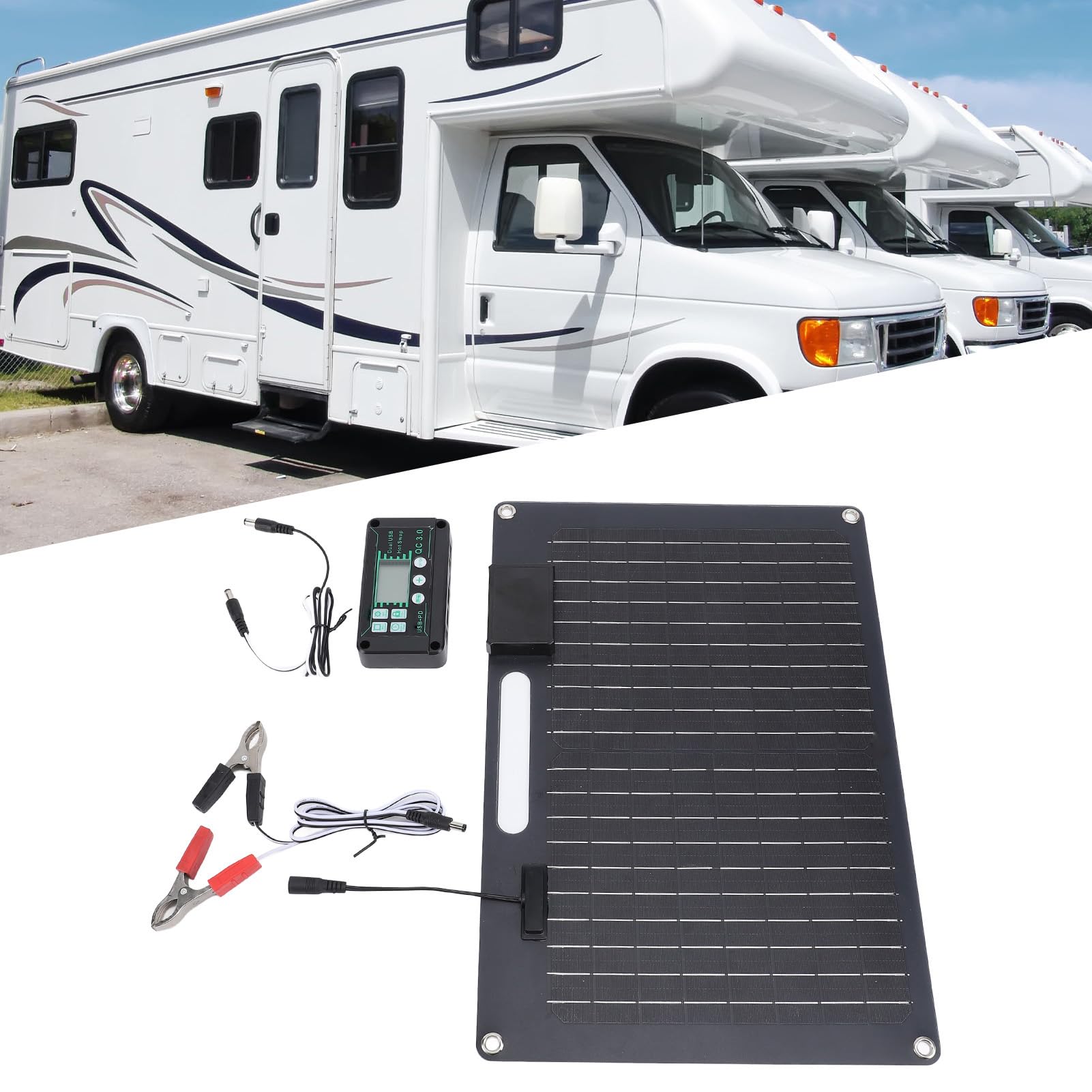 Tnfeeon Kit Pannello Solare da 100 W Caricatore Solare Monocristallino Converte in Modo Efficiente la Luce con Controller da 100 A Doppie Porte USB 12 V 24 V per Barca Viaggio Compatto 16 X 11
