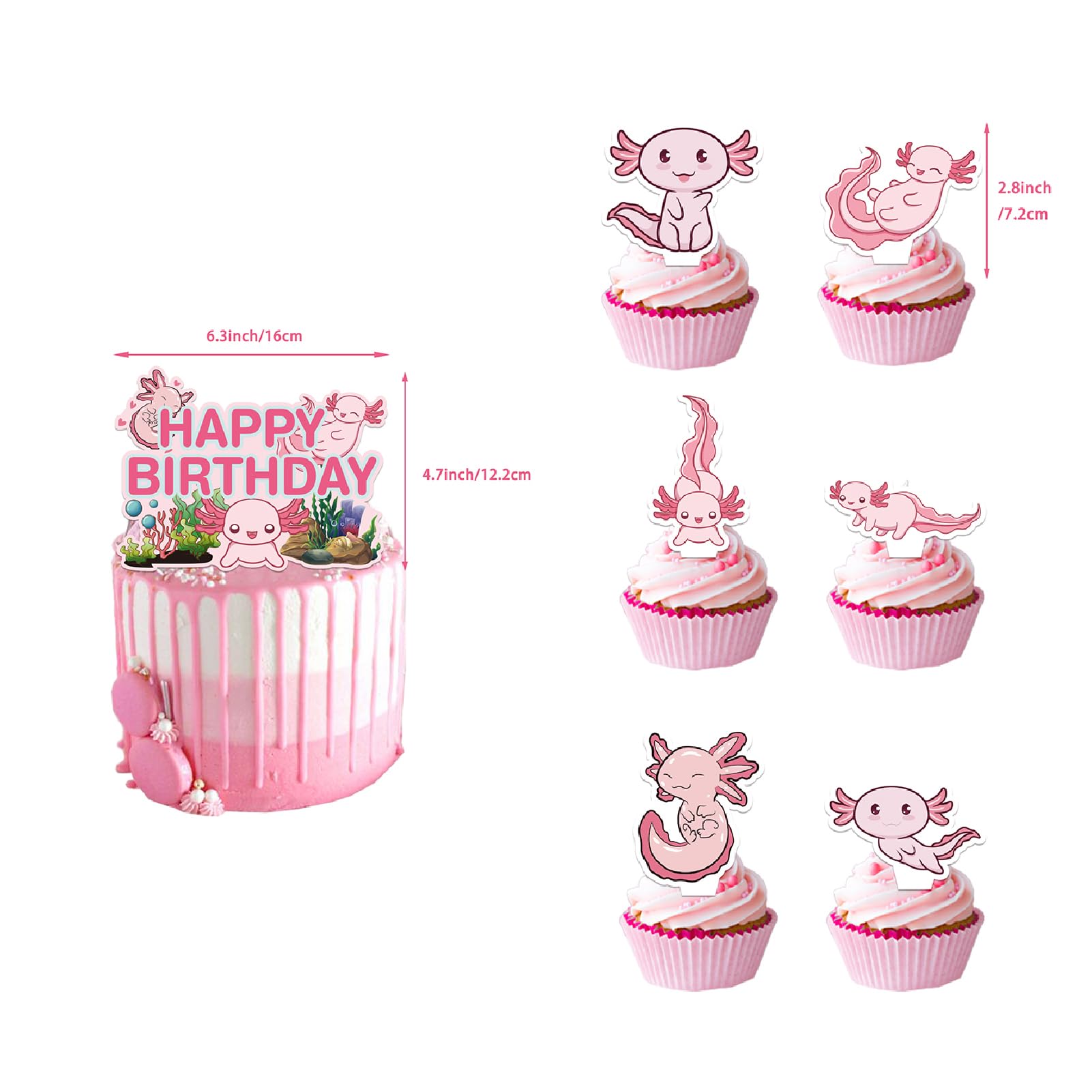 IPartyGo Axolotl Happy Birthday Banner - 12PC Pink Birthday Decor Backdrop Sign Party Supplies Set Cute Animals Photo Background Supplies Hanging Swirls Decorations Girls Boys Women Men Children Kids