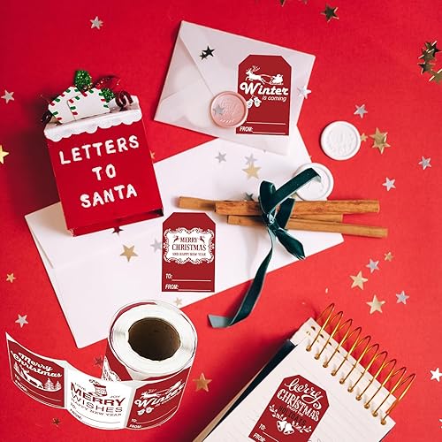 Miniatura 5 de Etiquetas adhesivas de regalo de Navidad, 200 unidades, etiquetas de papel kraft de Navidad rojas y blancas, etiquetas de regalo de feliz Navidad,