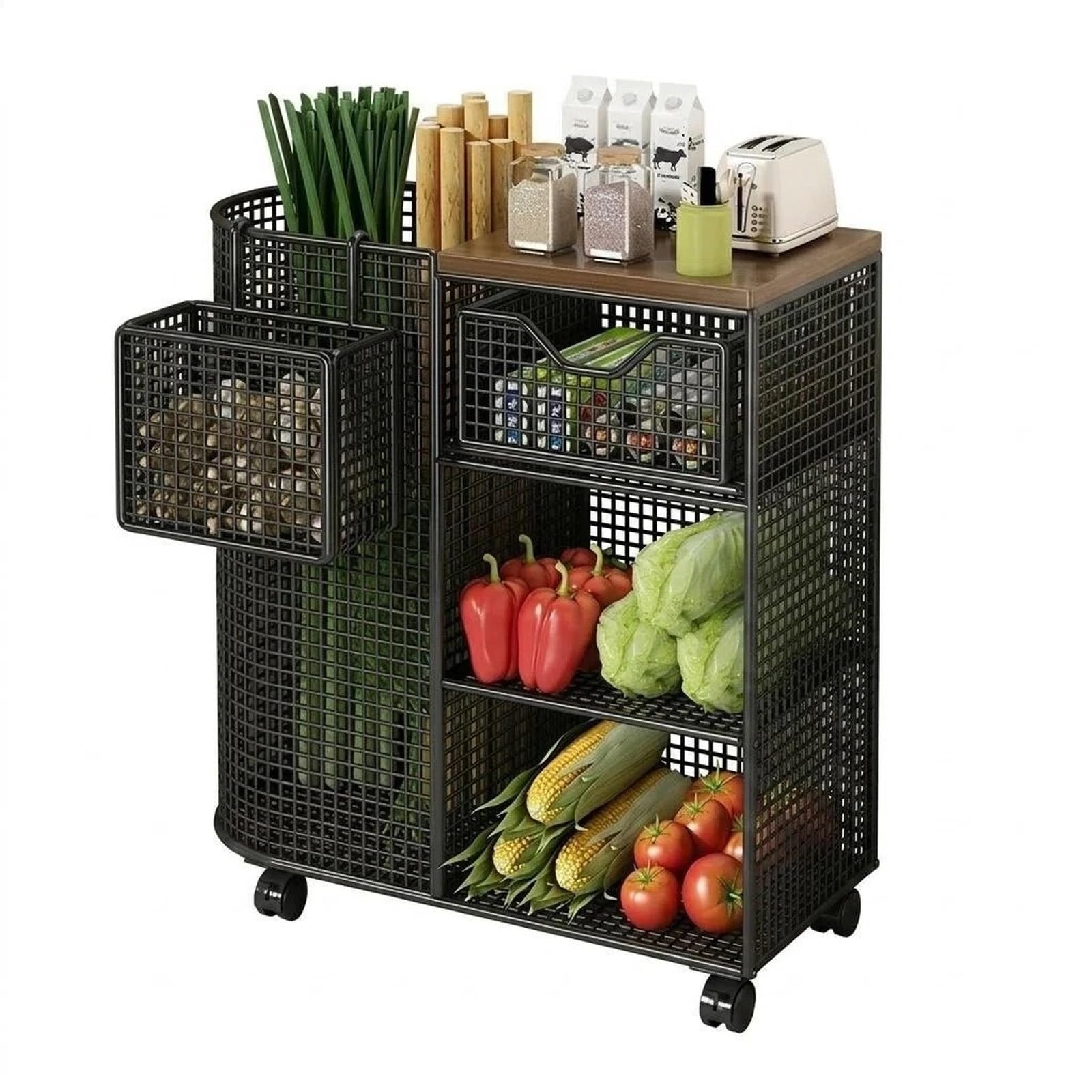 Ljhfg63kuyt Black Multi-Purpose Rolling Kitchen Storage Cart Multi-Tier Vegetable And Fruit Basket Organizer Shelf(Black)