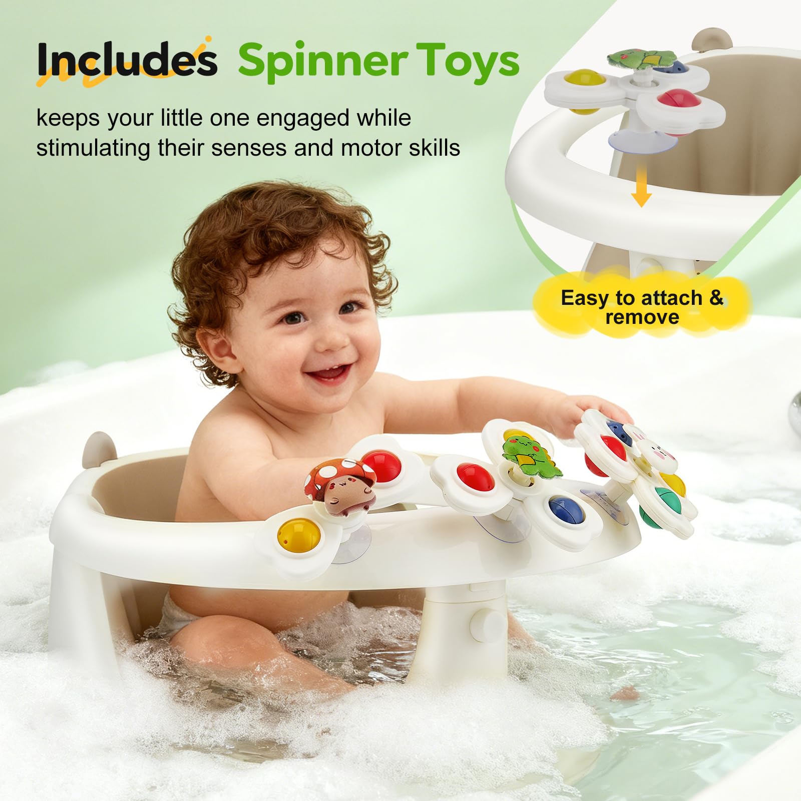 Asiento de baño para bebés a partir de 6 meses, asiento de bañera con 4 ventosas fuertes, respaldo ergonómico