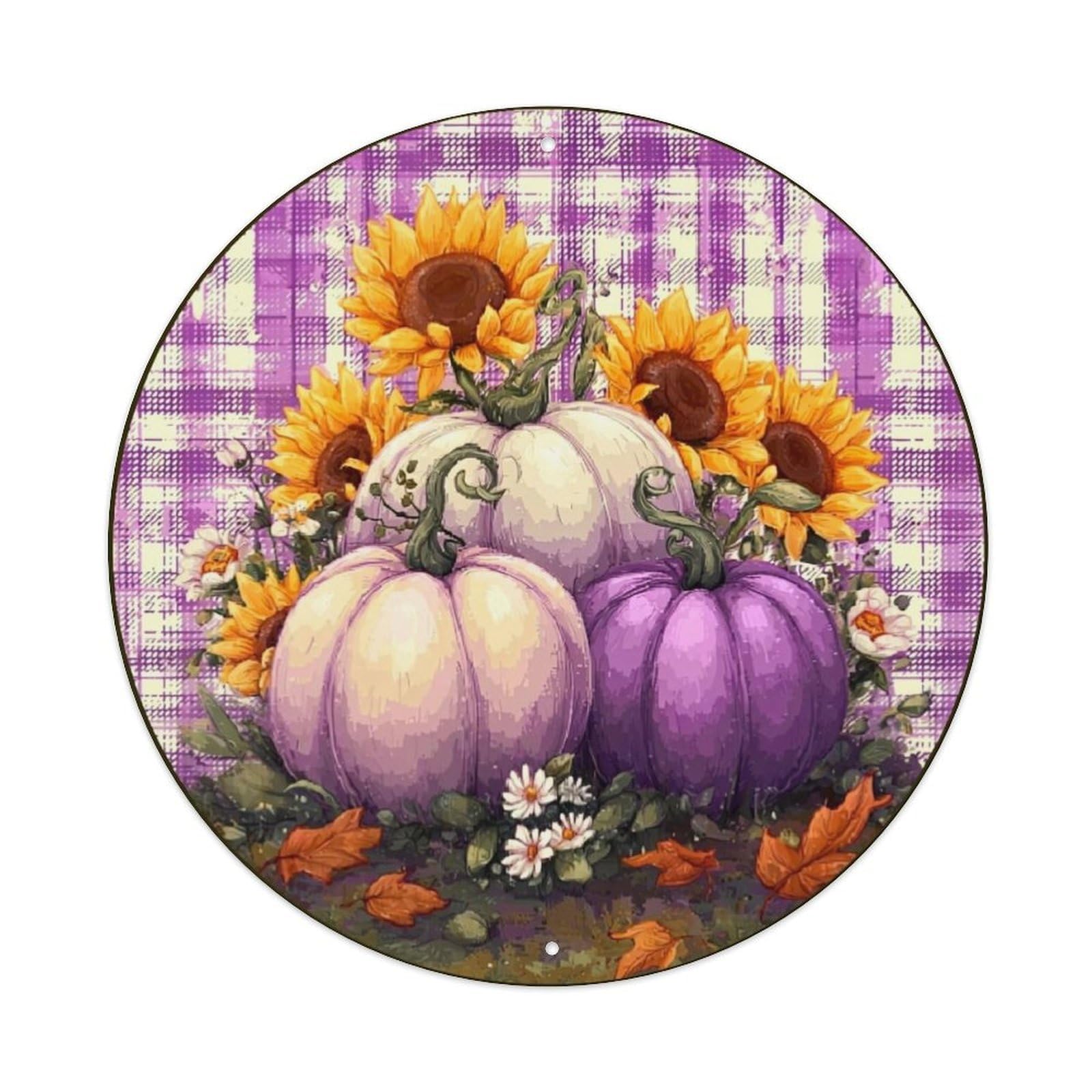 Pumpkin Sunflower Autumn Floral Pattern Round Metal Tin Sign Vintage Wall Decor, Bar Garage Cafe Kitchen Home Wall Art Poster 8x8inches