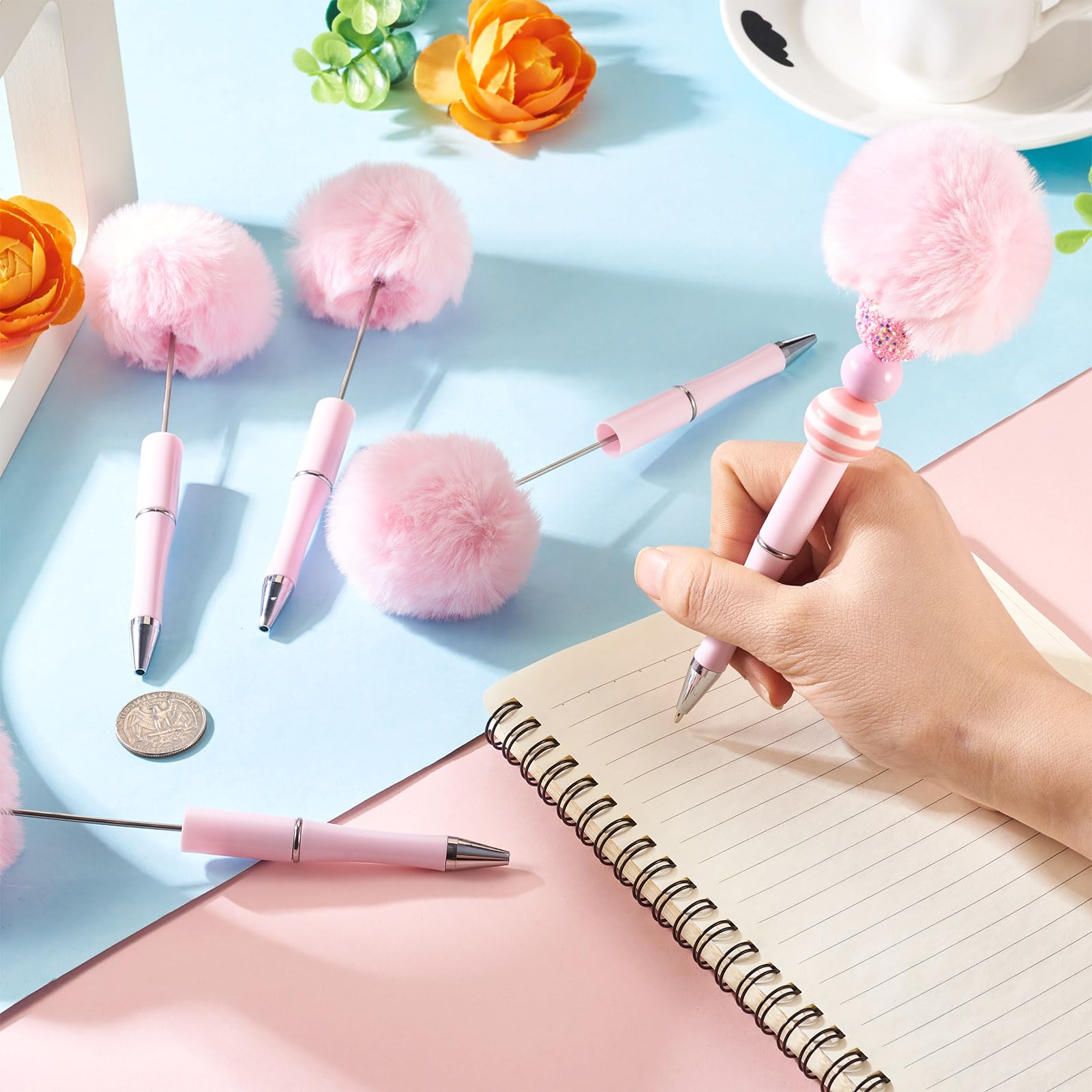 Spritewelry 10 penne a sfera soffici con perline in peluche, graziose penne a sfera con pompon, penne roller, per fai da te, penne personalizzate, forniture per ufficio e scuola, bianco antico