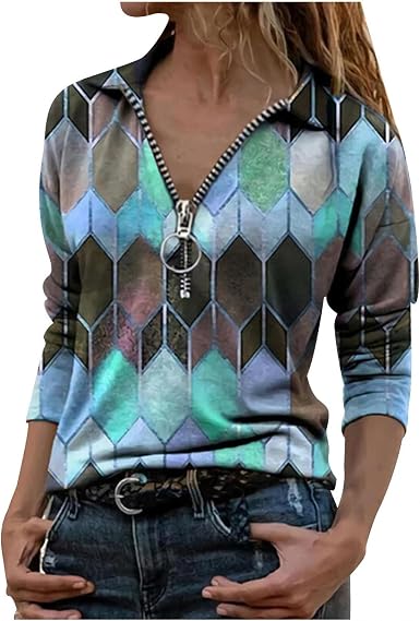 Amazon.com: Camisas de manga larga para mujer con estampado geométrico  elegante, cuello en V, cremallera casual, manga larga, blusa de moda suelta  : Deportes y Actividades al Aire Libre