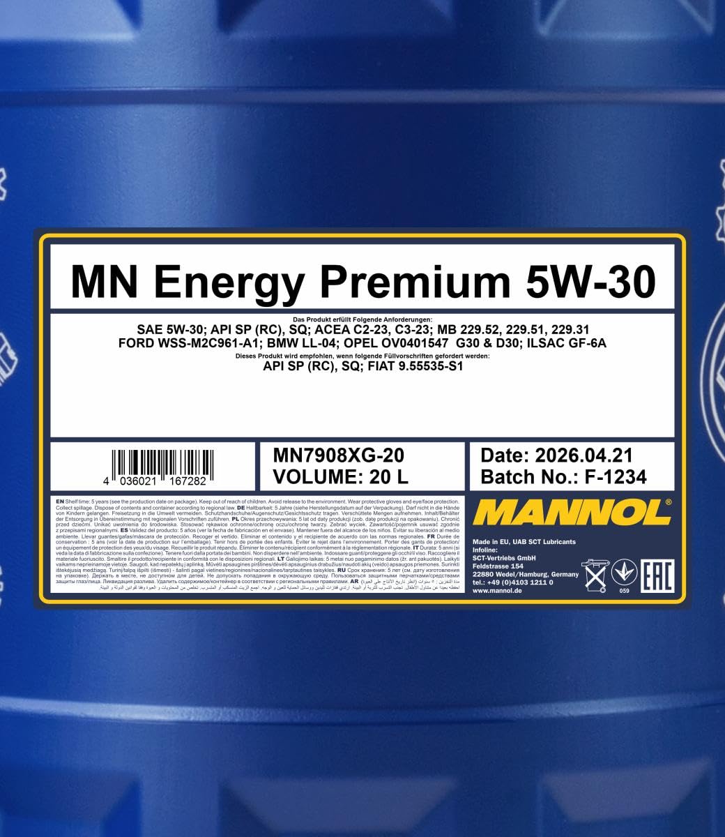 MANNOL Aceite de motor 5W-30 Energy Premium ACEA C3 ACEA C2 SQ API SP-RC 20L Compatible con VW Polo V Hatchback 6R1, 6C1 up! Hatchback 121, 122, BL1, BL2, BL3, 123 Golf 7 Hatchback 5G1, BQ1, BE1, BE2