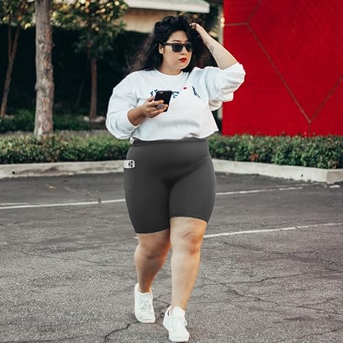 Miniatura 8 de MOREFEEL Pantalones cortos de ciclismo de talla grande de 8 pulgadas con bolsillos para mujer, cintura alta, control de abdomen, pantalones cortos