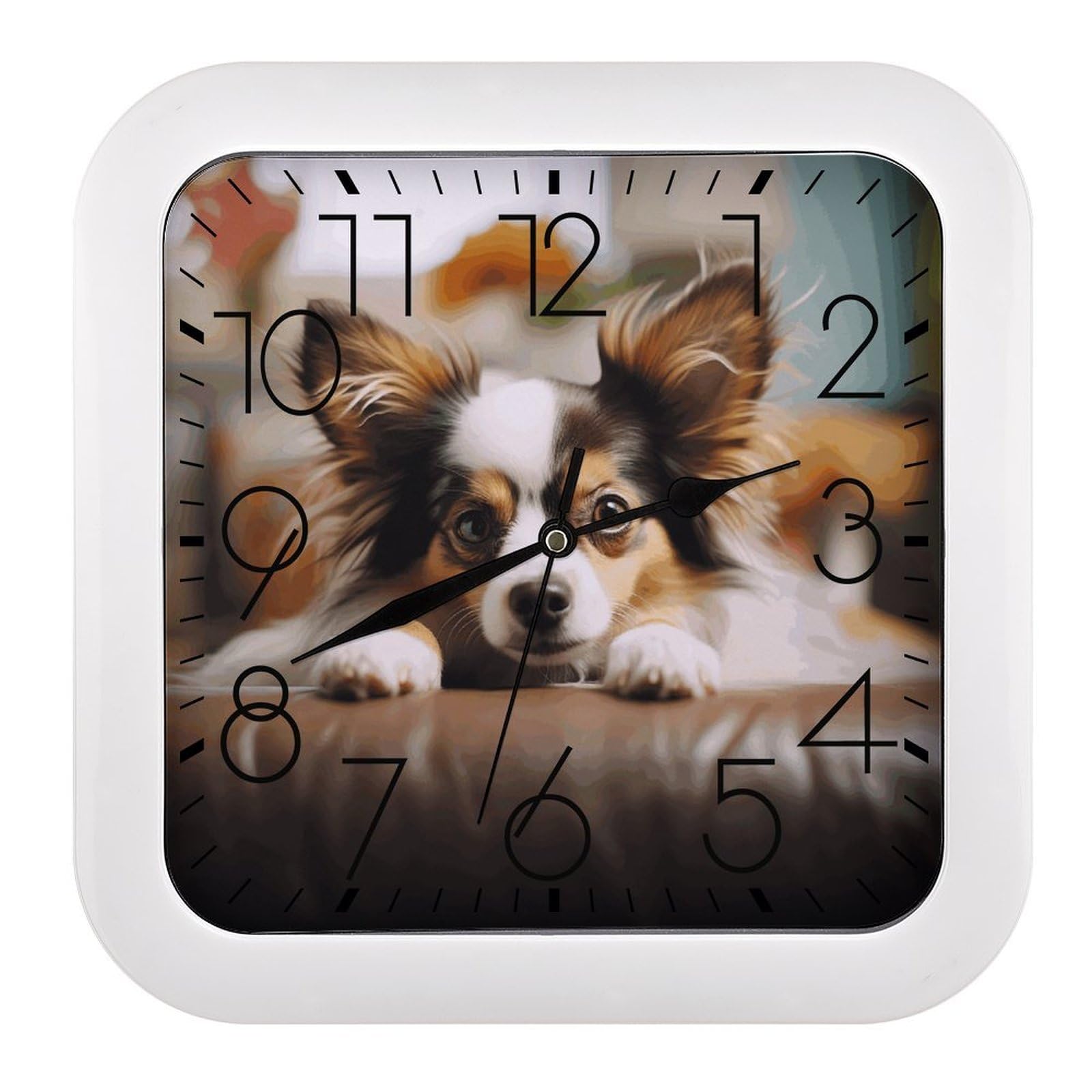 LZQPOEAS Papillon Lying on Tummy Square Wall Clock, 10.2 Inch Battery Operated Silent Non-Ticking Wall Clock, Square Analog Decorative Clock for Home Wall Art, Living Room, Bedroom, and Office