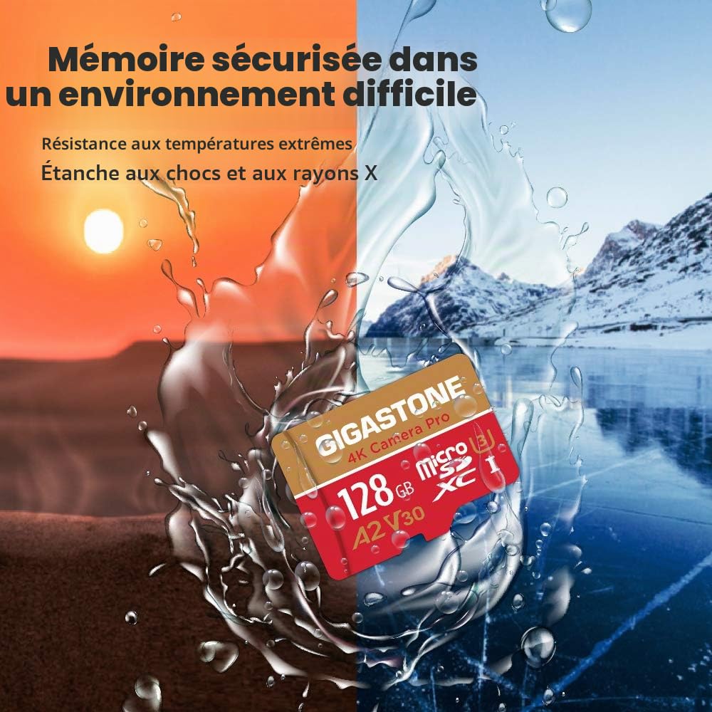 [5 Ans Récupération de données Gratuite] Gigastone Carte Mémoire 128 Go Lot de 2 Cartes, 4K Caméra Pro, Compatible avec GoPro Switch, Vitesse 100 Mo/s. A2 U3 V30 Carte Micro SDXC avec Adaptateur SD.