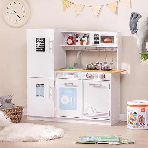 Miniatura 9 de HONEY JOY Juego de cocina para niños, juego de cocina de madera con pizarra, armario de almacenamiento grande, estufa, grifo, fregadero, cocina de