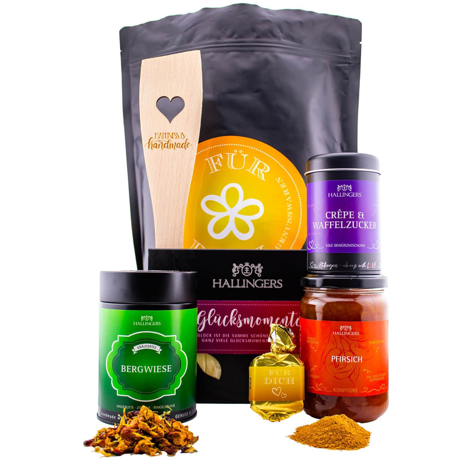 Hallingers Genuss Manufaktur Feinkost Valentinstagsgeschenk-Set - XXL-Wundertüte "Für Dich" großer Liebesgruß Konfitüre, Tee, Nougat, Gewürz, Schoki & Pfannenwender, Valentintstag für Frauen Männer