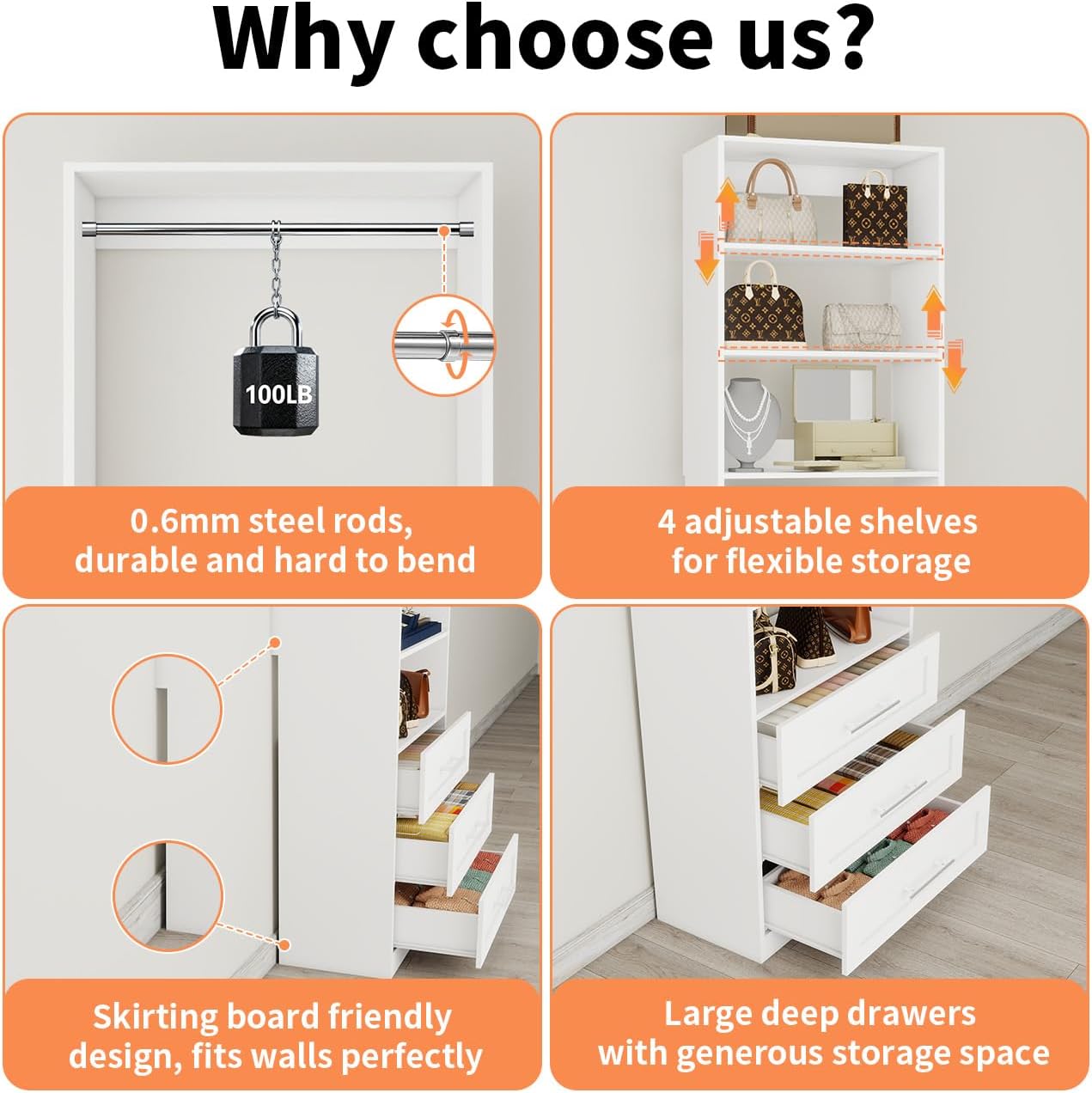 Closet System with 4 Sets, 8–21 FT Closet System with 6 Drawers, 9 Shelves & 8 Hanging Rods, Max 252″ Closet Organizer System for Walk in Closets, Modular Custom Wood Closet Kit with Shoe Racks, White