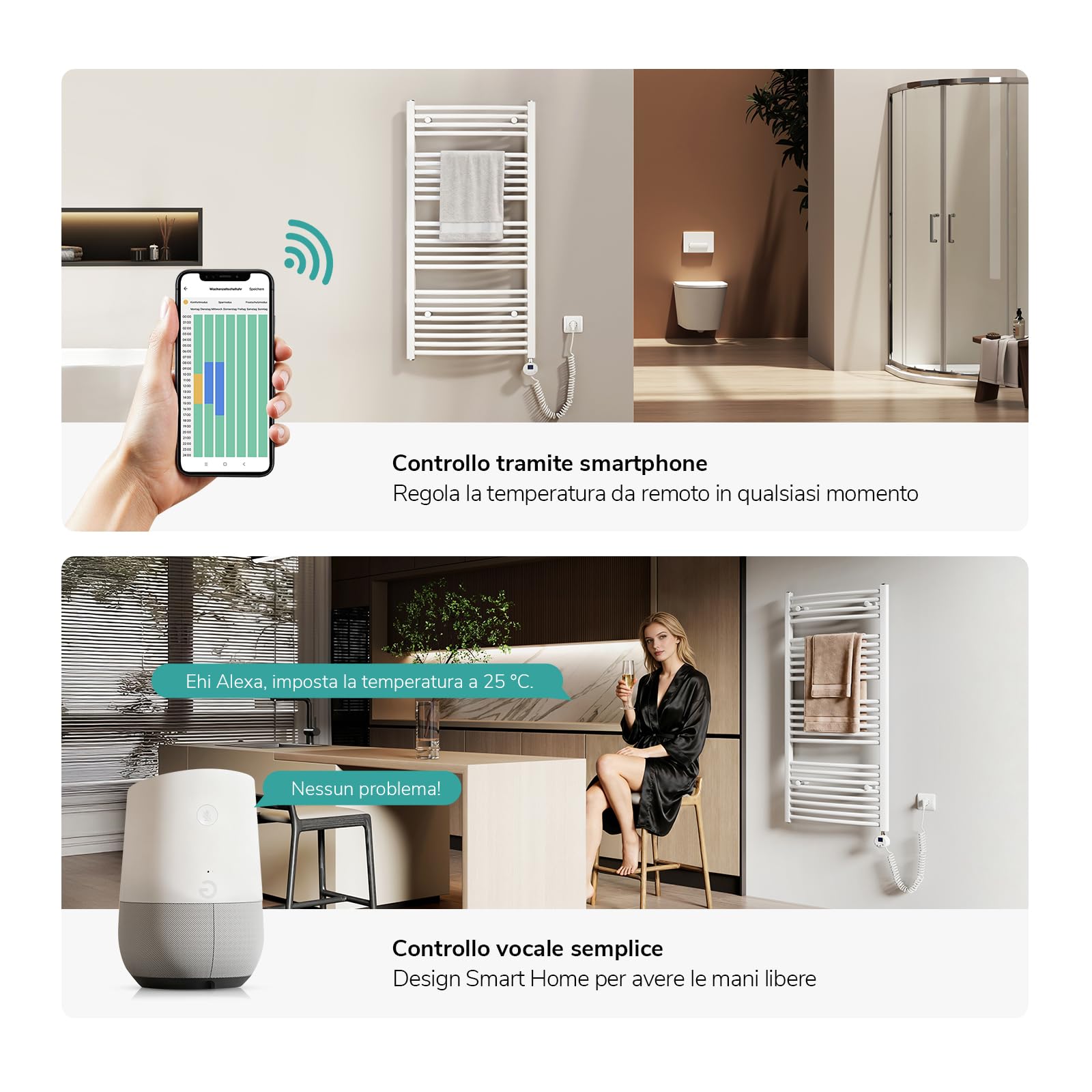 EMKE Radiatore da Bagno, 120 x 40cm, 500W, Scaldasalviette con WIFI Termostato, Curvo, Bianco, Termoarredo Asciugamani da Bagno