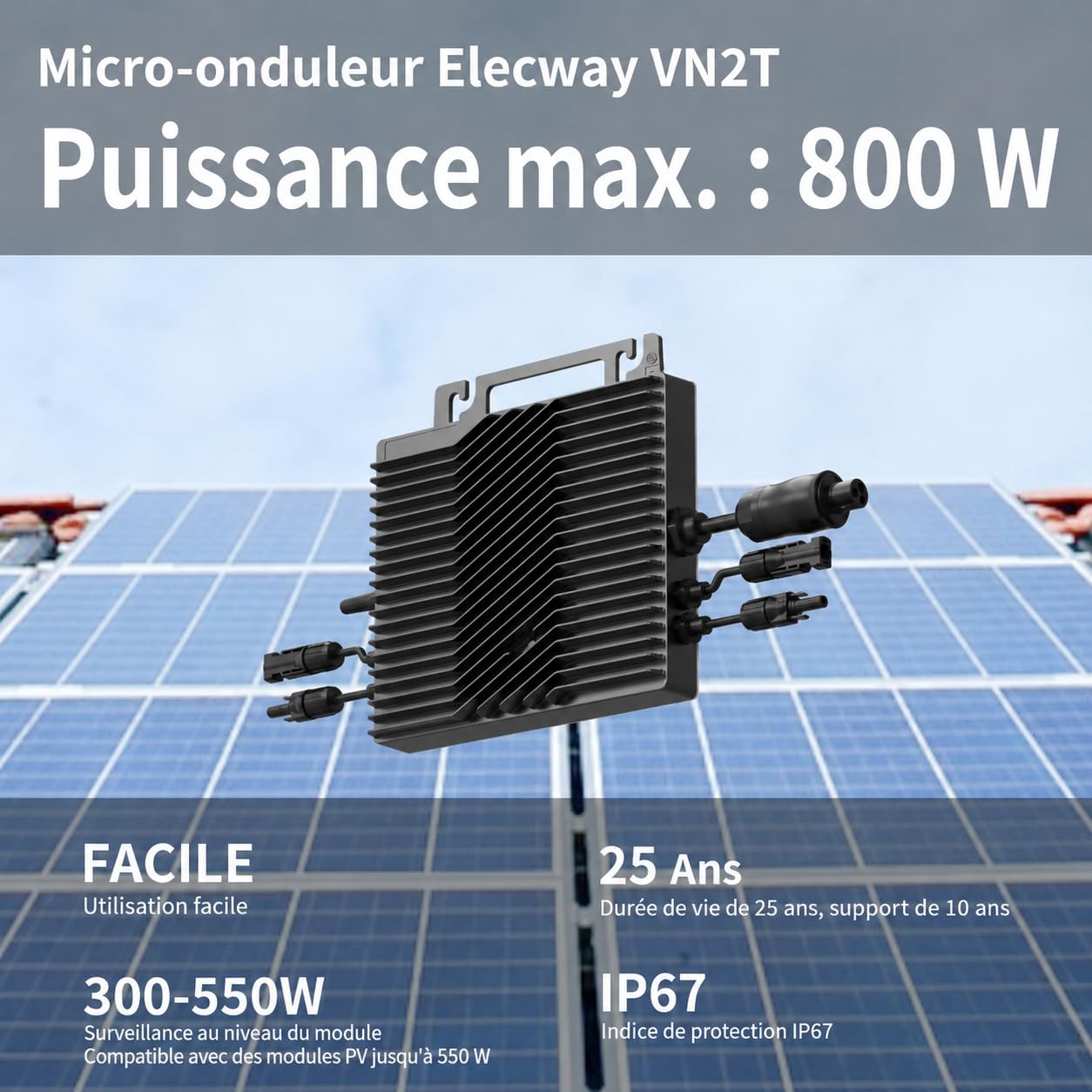 VN2T08 Micro-onduleur réseau 800W, Double MPPT 16–60V DC, Contrôle de l’Application Via Wi-FI, Certification en réseau, Plug & Play, IP67, idéal pour installations photovoltaïques de Balcon | Wi-Fi configuré via Bluetooth, certification réseau EN, Plug &