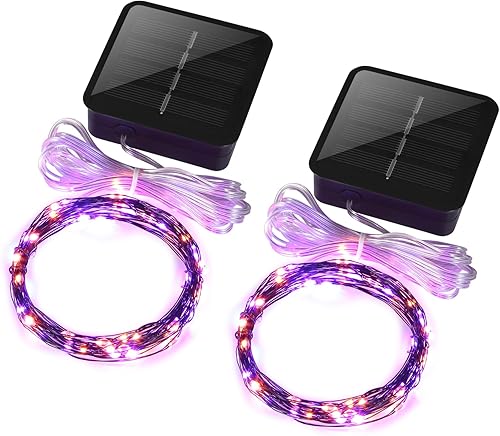 Pequeñas luces espeluznantes para jardín, mini tira de luces solares de Halloween para jardín, cable de cobre negro, luces naranjas y moradas, 15