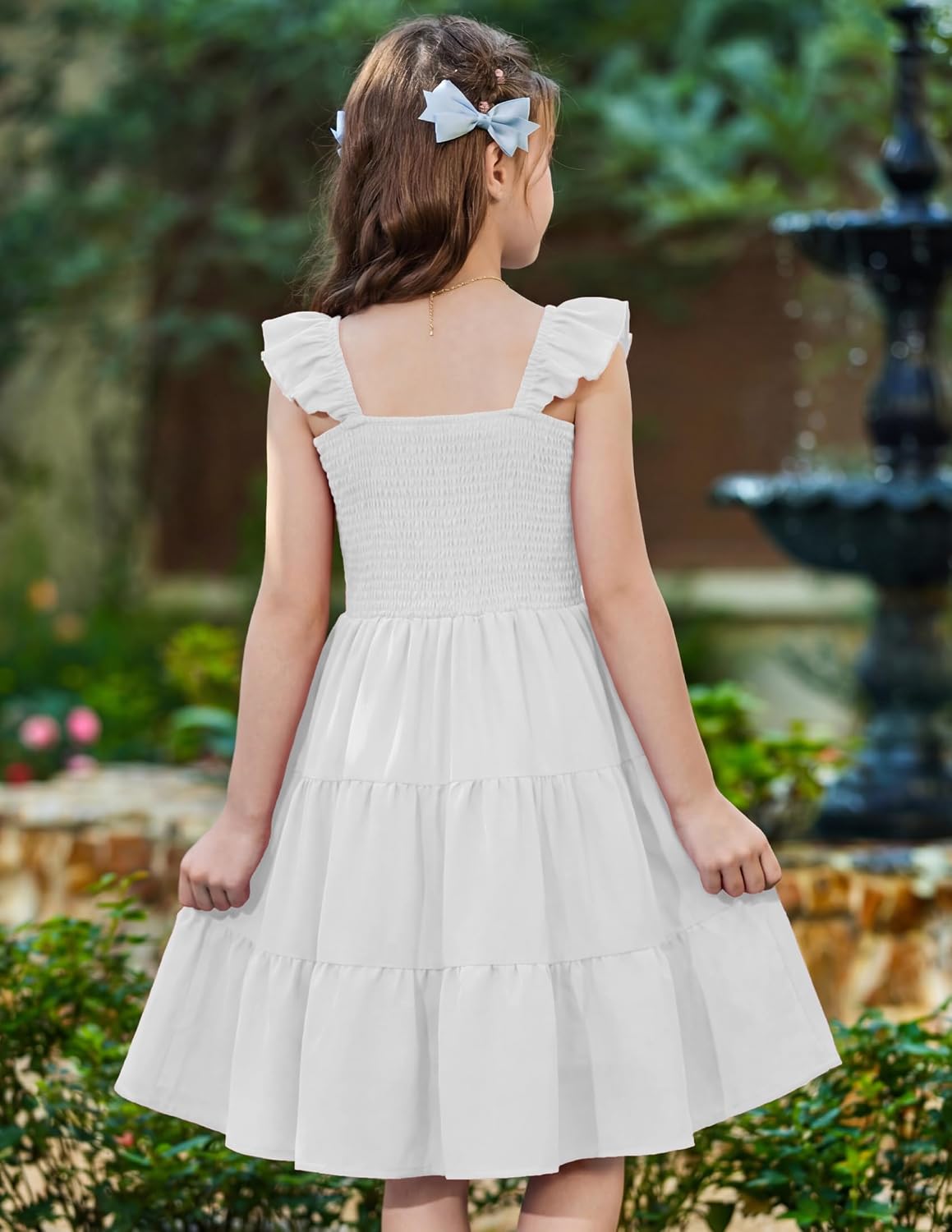 Arshiner Girls Dress Ruffle Sleeve Button Down Smocked Sundress Party Dresses with Pockets 6-14Y