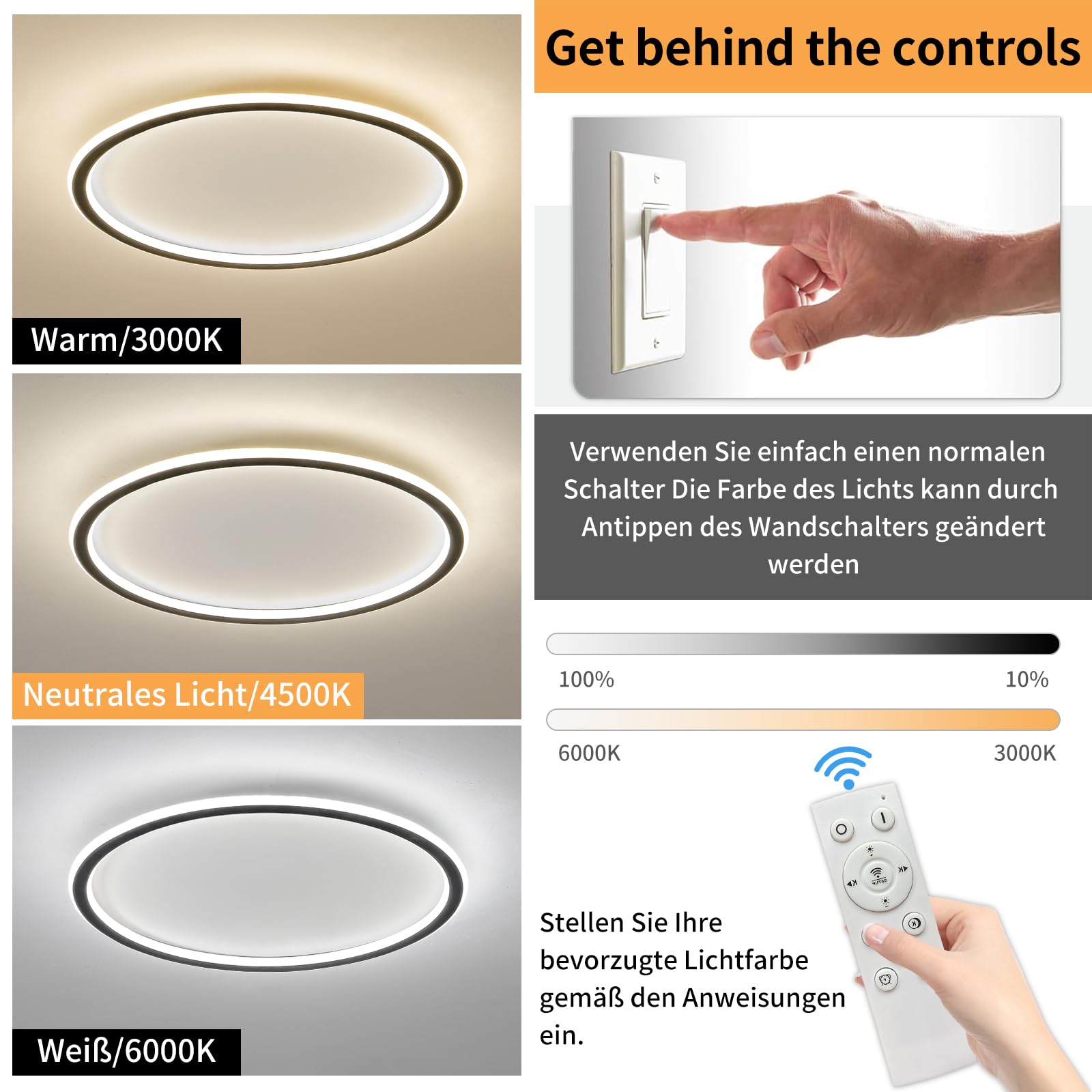 Mikeru LED Deckenleuchte 40 cm Rund ⌀ - Moderne dimmbare Deckenlampe mit Fernbedienung (3000K-6000K) - Schwarz Acryl für Wohnzimmer, Schlafzimmer, Küche, Esszimmer - Energieeffiziente LED Beleuchtung